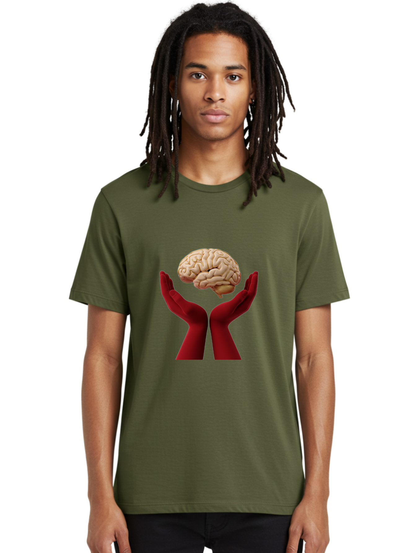 Hands-Holding-Brain-1 Men'S Graphic Tee, 100% Cotton, Comfortable Casual Summer Wear, Machine Washable, Human Brain, Hands Holding Brain, Cognitive Function, Neuroscience, Human Anatomy, Red Gloves, Realistic Brain Model, Medical Illustration, Bae029