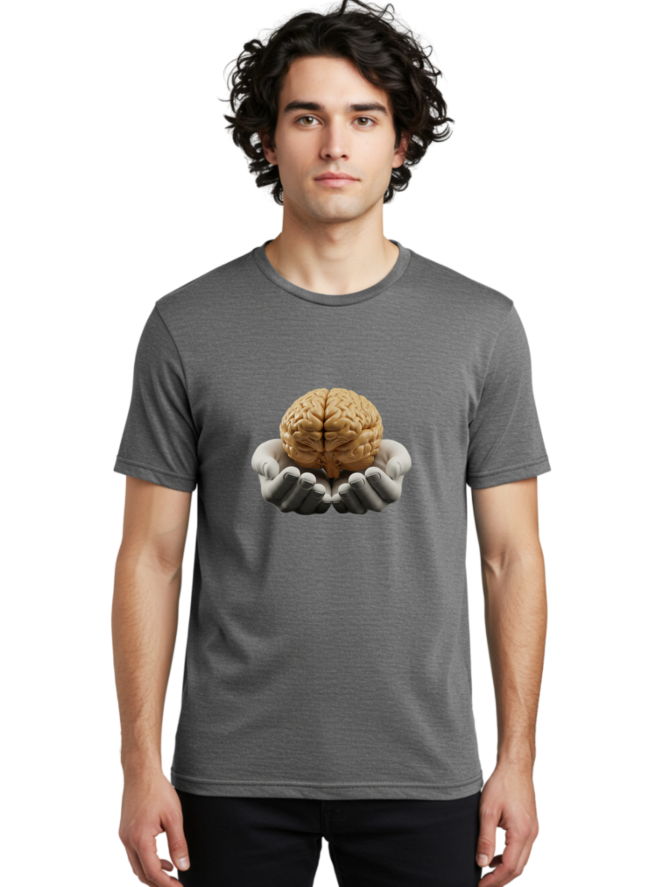 Hands-Holding-Brain Men'S Graphic Tee, 100% Cotton, Comfortable Casual Summer Wear, Machine Washable, Human Brain, Robotic Hands, Neuroscience, Cognitive Function, Artificial Intelligence, Brain Research, Neural Connections, Bae030