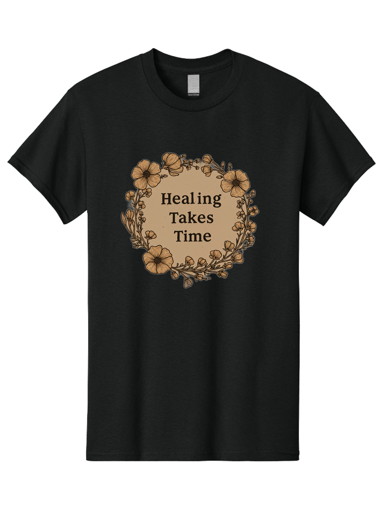 Healing-Takes-Time-2 Men'S Graphic Tee, 100% Cotton, Comfortable Casual Summer Wear, Machine Washable, Healing Takes Time, Inspirational Quote, Motivational Message, Floral Wreath, Delicate Flowers, Serene Atmosphere, Self-Care Reminder, Bae032