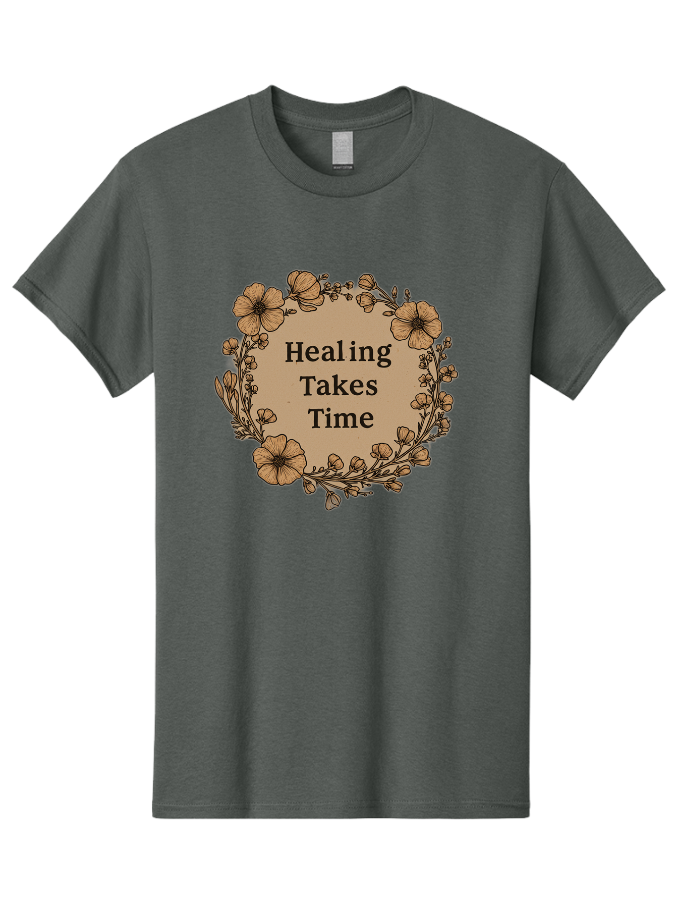 Healing-Takes-Time-2 Men'S Graphic Tee, 100% Cotton, Comfortable Casual Summer Wear, Machine Washable, Healing Takes Time, Inspirational Quote, Motivational Message, Floral Wreath, Delicate Flowers, Serene Atmosphere, Self-Care Reminder, Bae032