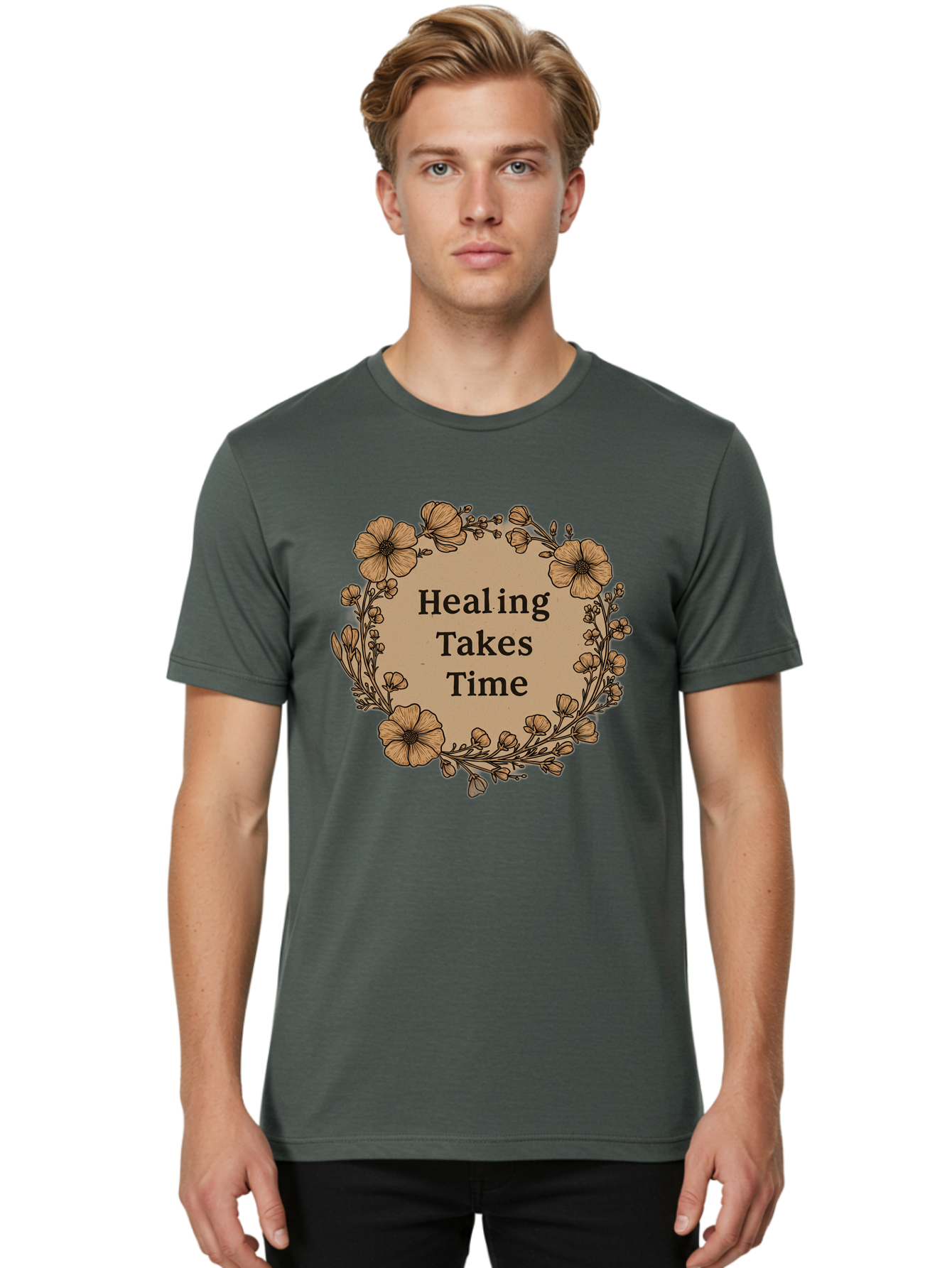 Healing-Takes-Time-2 Men'S Graphic Tee, 100% Cotton, Comfortable Casual Summer Wear, Machine Washable, Healing Takes Time, Inspirational Quote, Motivational Message, Floral Wreath, Delicate Flowers, Serene Atmosphere, Self-Care Reminder, Bae032