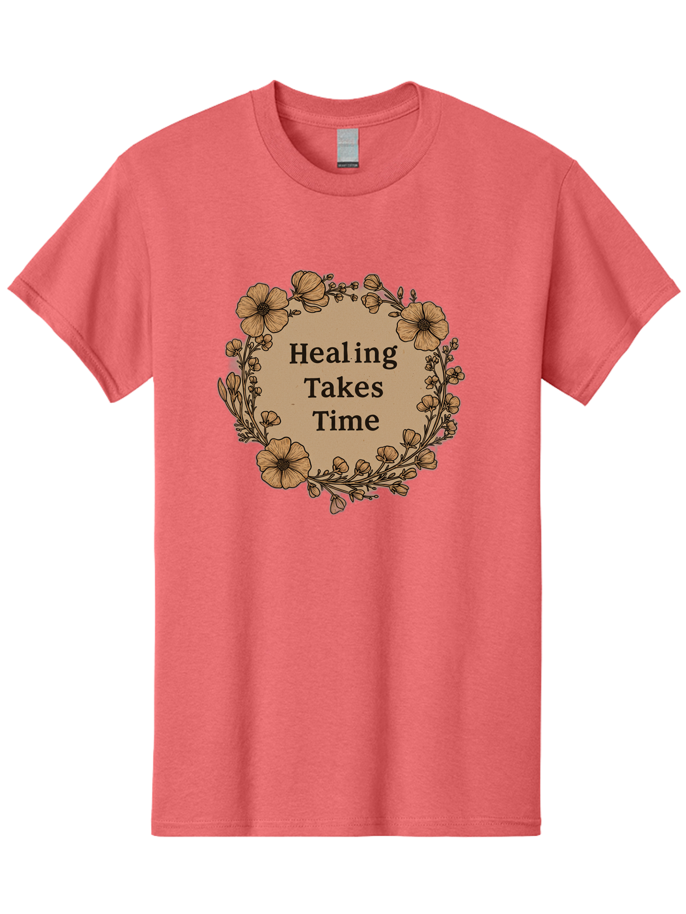 Healing-Takes-Time-2 Men'S Graphic Tee, 100% Cotton, Comfortable Casual Summer Wear, Machine Washable, Healing Takes Time, Inspirational Quote, Motivational Message, Floral Wreath, Delicate Flowers, Serene Atmosphere, Self-Care Reminder, Bae032