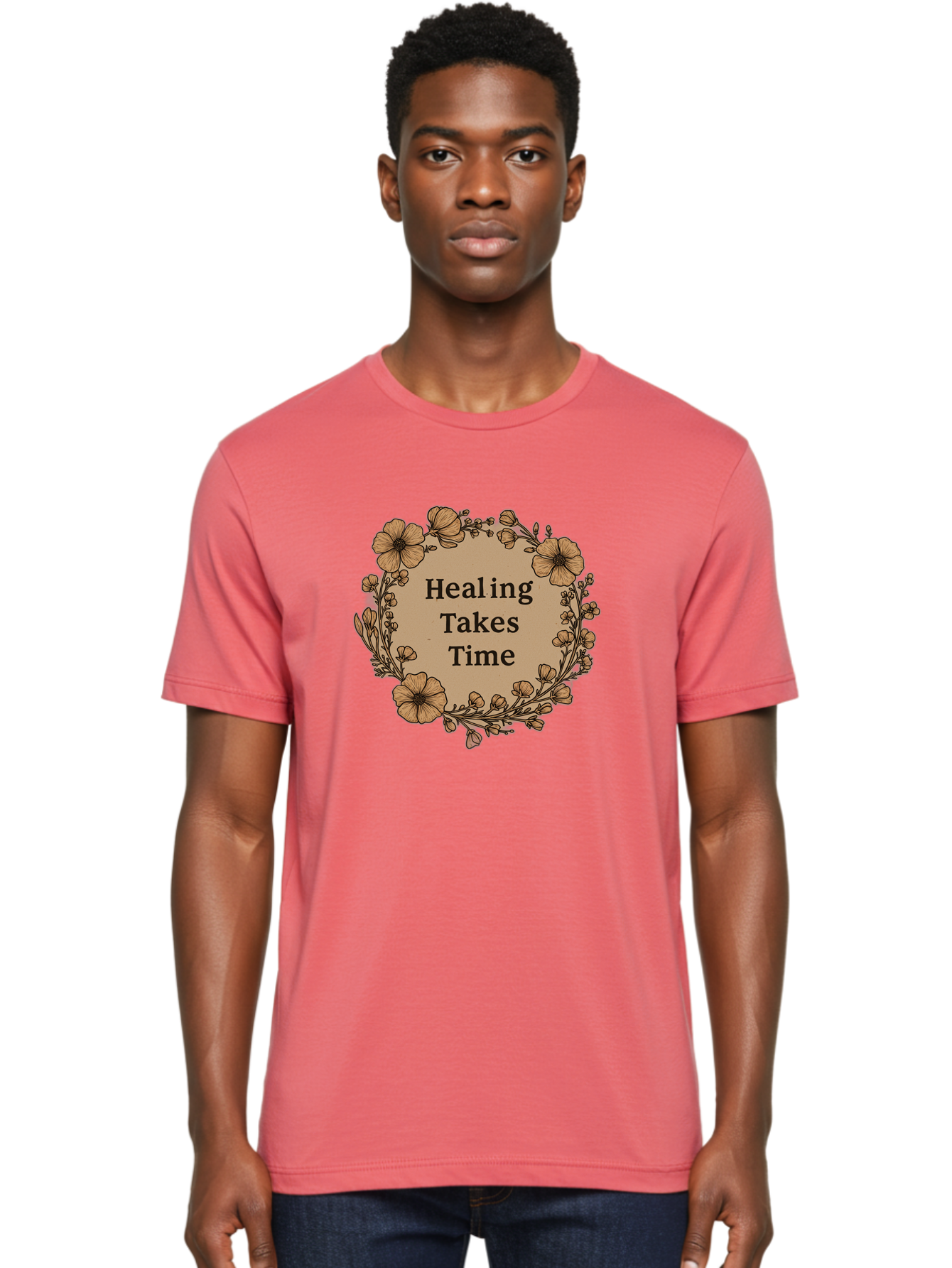 Healing-Takes-Time-2 Men'S Graphic Tee, 100% Cotton, Comfortable Casual Summer Wear, Machine Washable, Healing Takes Time, Inspirational Quote, Motivational Message, Floral Wreath, Delicate Flowers, Serene Atmosphere, Self-Care Reminder, Bae032