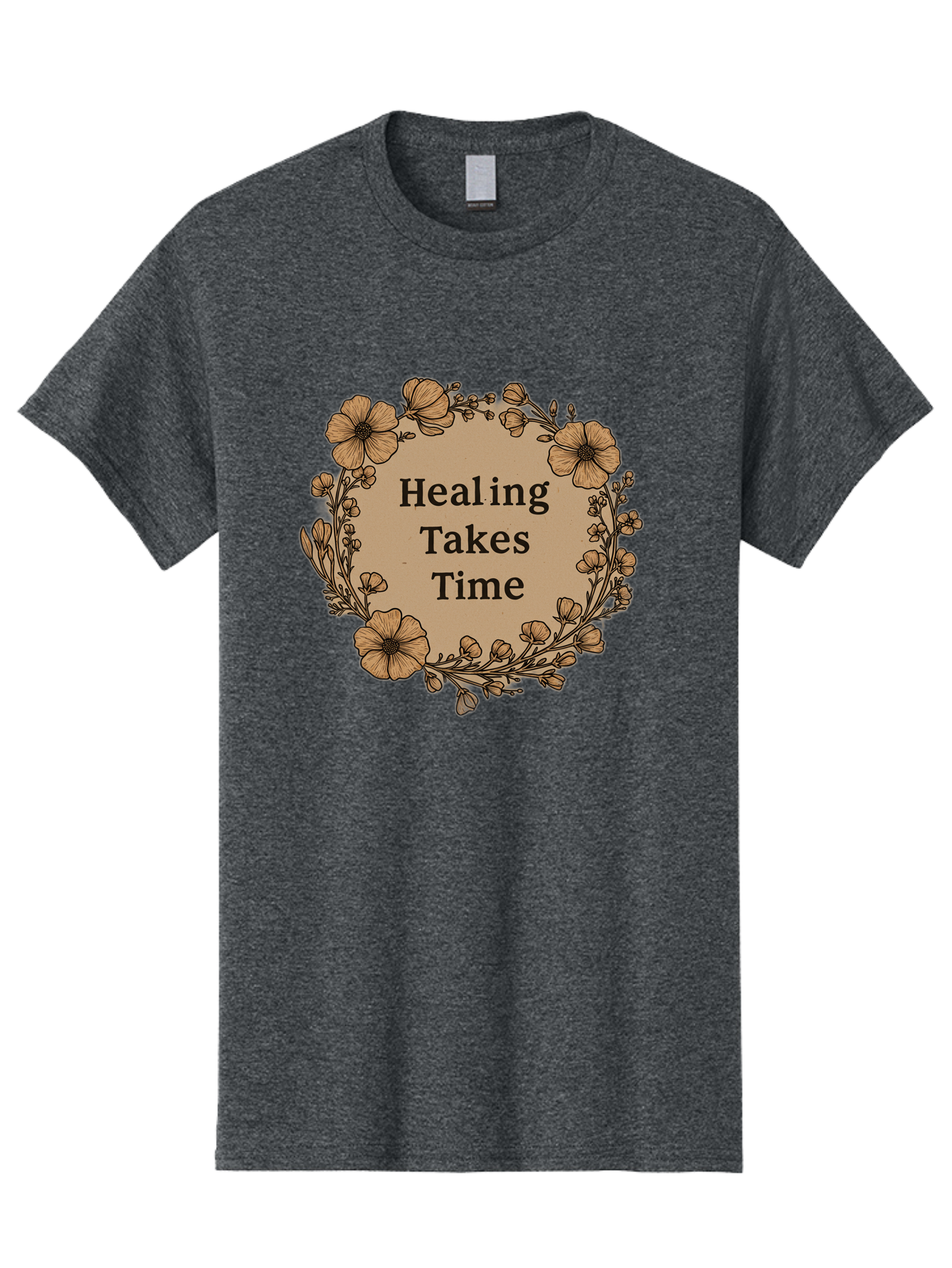 Healing-Takes-Time-2 Men'S Graphic Tee, 100% Cotton, Comfortable Casual Summer Wear, Machine Washable, Healing Takes Time, Inspirational Quote, Motivational Message, Floral Wreath, Delicate Flowers, Serene Atmosphere, Self-Care Reminder, Bae032