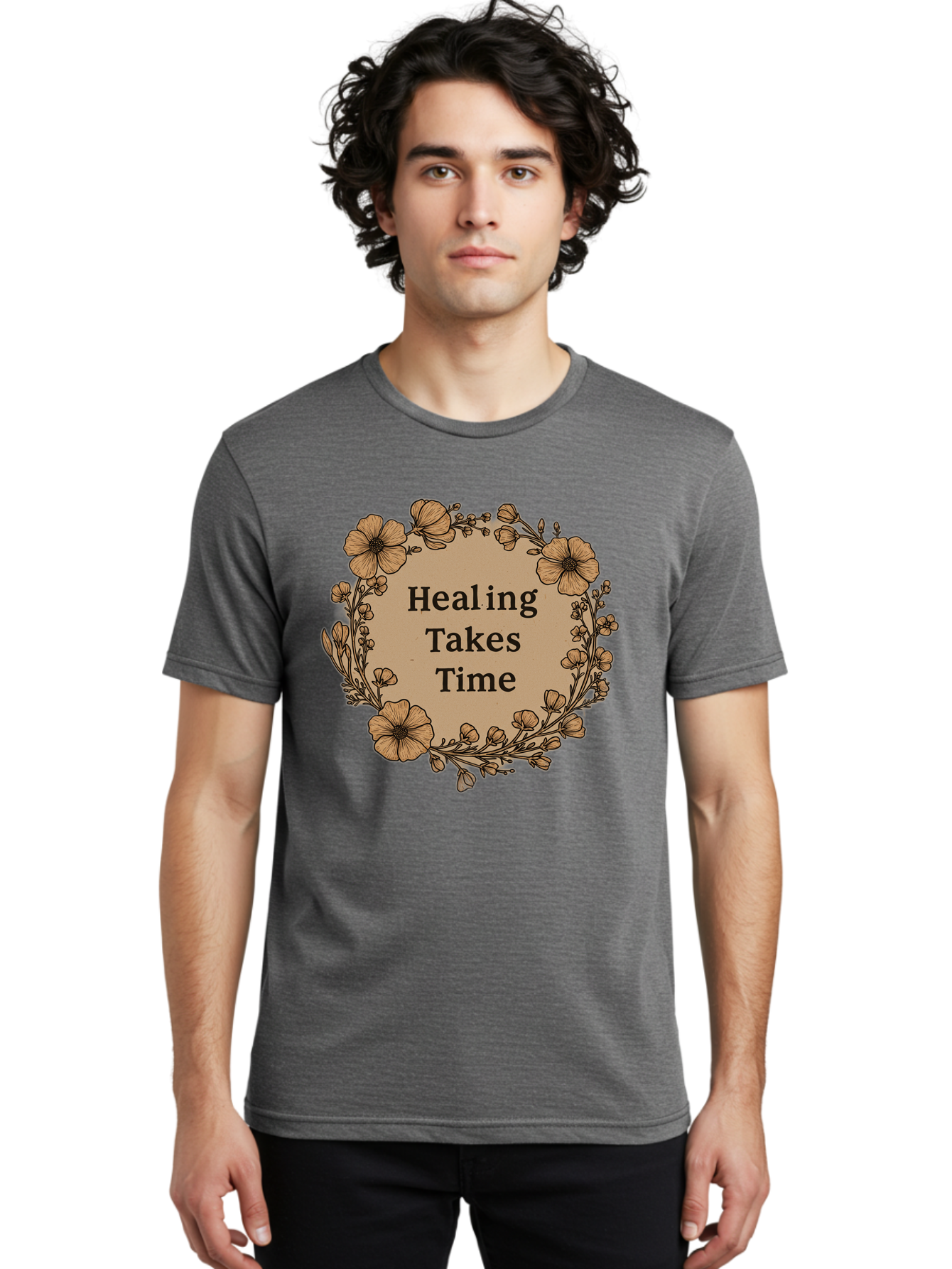 Healing-Takes-Time-2 Men'S Graphic Tee, 100% Cotton, Comfortable Casual Summer Wear, Machine Washable, Healing Takes Time, Inspirational Quote, Motivational Message, Floral Wreath, Delicate Flowers, Serene Atmosphere, Self-Care Reminder, Bae032