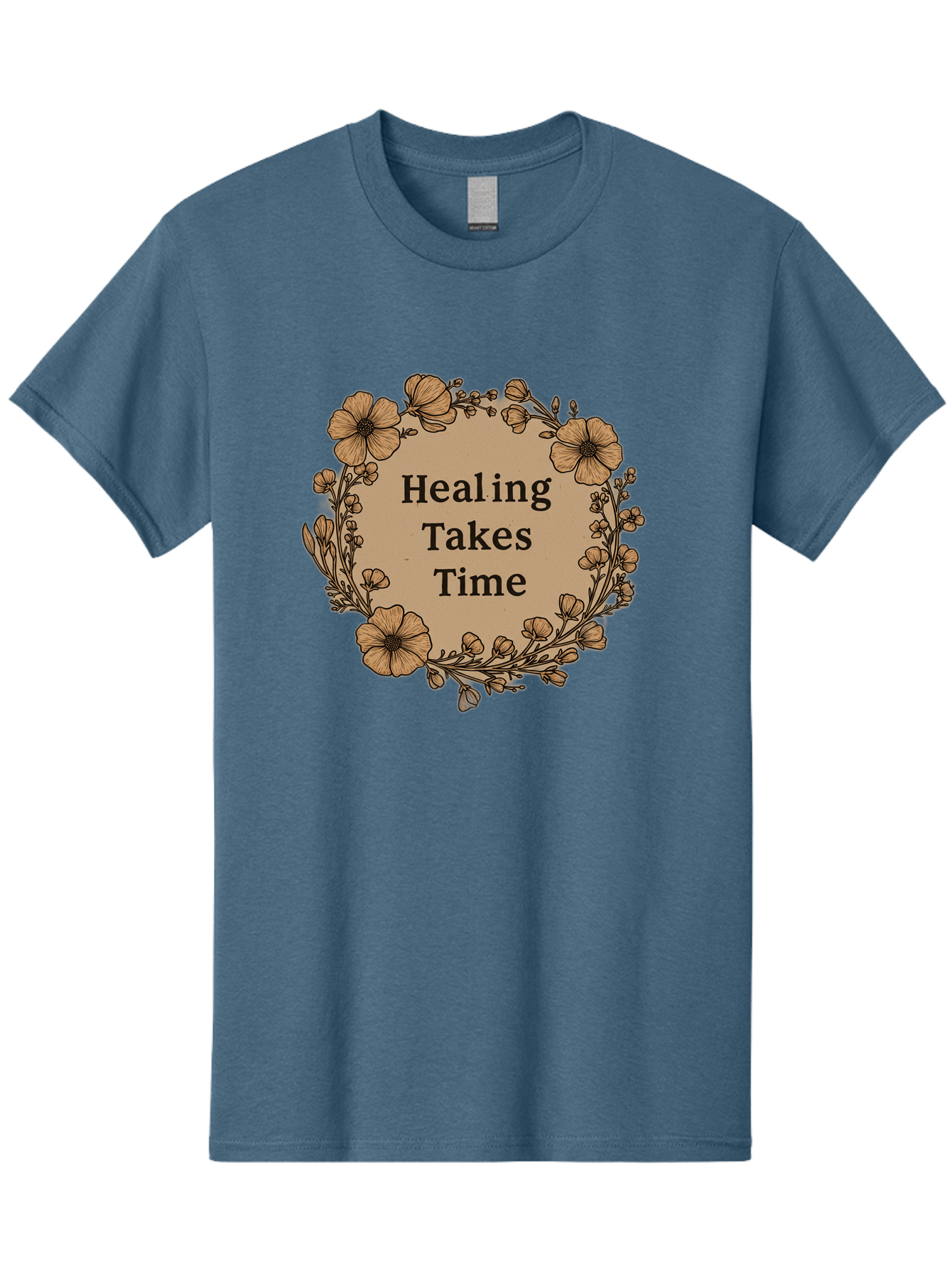 Healing-Takes-Time-2 Men'S Graphic Tee, 100% Cotton, Comfortable Casual Summer Wear, Machine Washable, Healing Takes Time, Inspirational Quote, Motivational Message, Floral Wreath, Delicate Flowers, Serene Atmosphere, Self-Care Reminder, Bae032