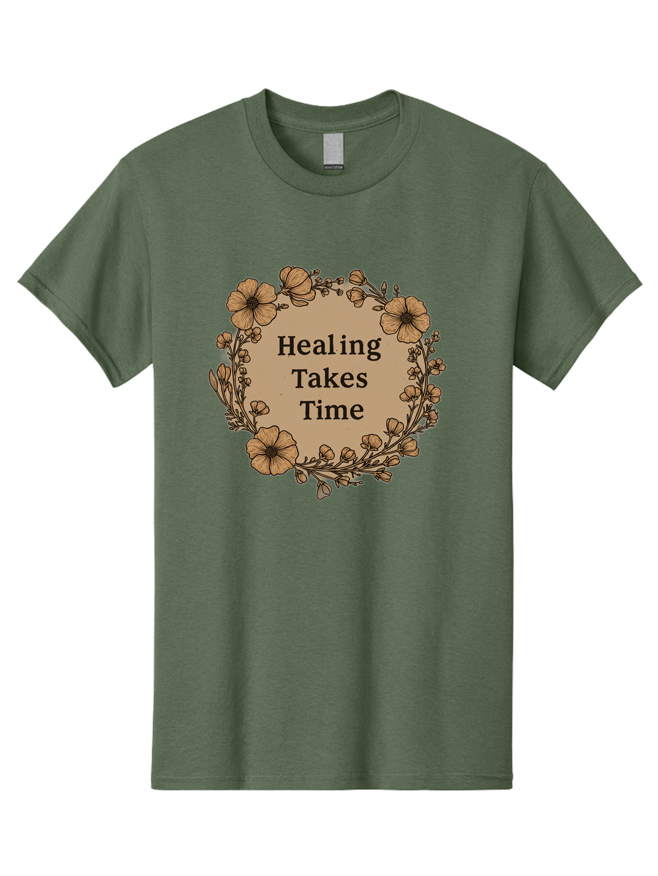 Healing-Takes-Time-2 Men'S Graphic Tee, 100% Cotton, Comfortable Casual Summer Wear, Machine Washable, Healing Takes Time, Inspirational Quote, Motivational Message, Floral Wreath, Delicate Flowers, Serene Atmosphere, Self-Care Reminder, Bae032