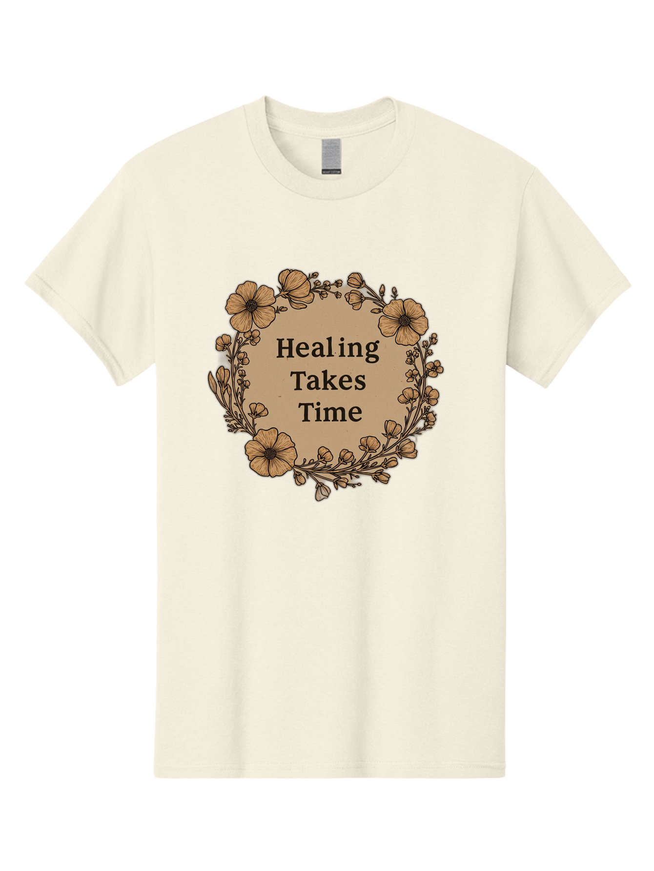 Healing-Takes-Time-2 Men'S Graphic Tee, 100% Cotton, Comfortable Casual Summer Wear, Machine Washable, Healing Takes Time, Inspirational Quote, Motivational Message, Floral Wreath, Delicate Flowers, Serene Atmosphere, Self-Care Reminder, Bae032