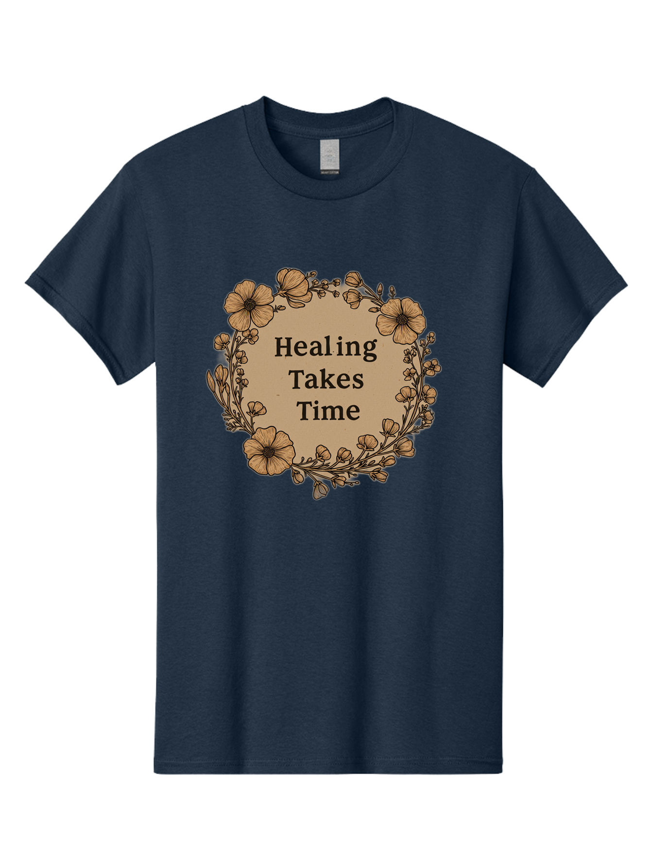 Healing-Takes-Time-2 Men'S Graphic Tee, 100% Cotton, Comfortable Casual Summer Wear, Machine Washable, Healing Takes Time, Inspirational Quote, Motivational Message, Floral Wreath, Delicate Flowers, Serene Atmosphere, Self-Care Reminder, Bae032