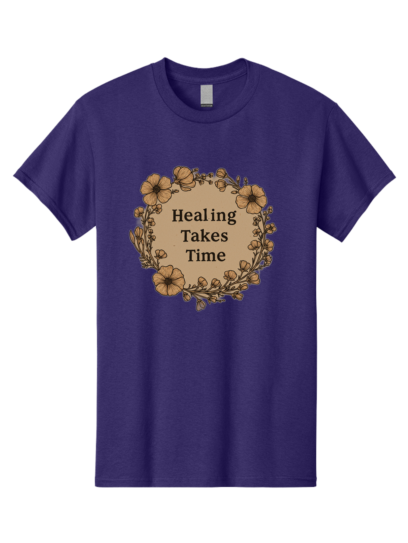 Healing-Takes-Time-2 Men'S Graphic Tee, 100% Cotton, Comfortable Casual Summer Wear, Machine Washable, Healing Takes Time, Inspirational Quote, Motivational Message, Floral Wreath, Delicate Flowers, Serene Atmosphere, Self-Care Reminder, Bae032