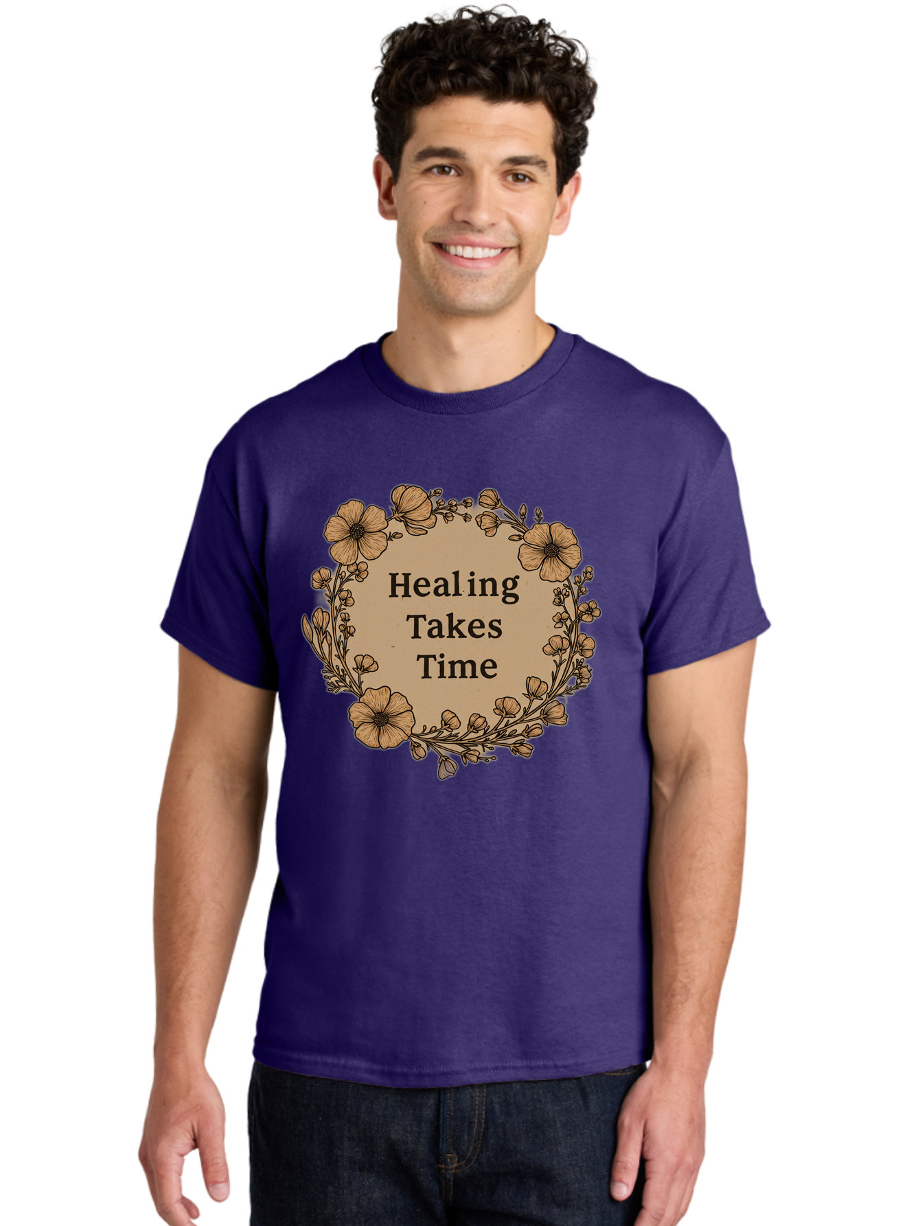 Healing-Takes-Time-2 Men'S Graphic Tee, 100% Cotton, Comfortable Casual Summer Wear, Machine Washable, Healing Takes Time, Inspirational Quote, Motivational Message, Floral Wreath, Delicate Flowers, Serene Atmosphere, Self-Care Reminder, Bae032