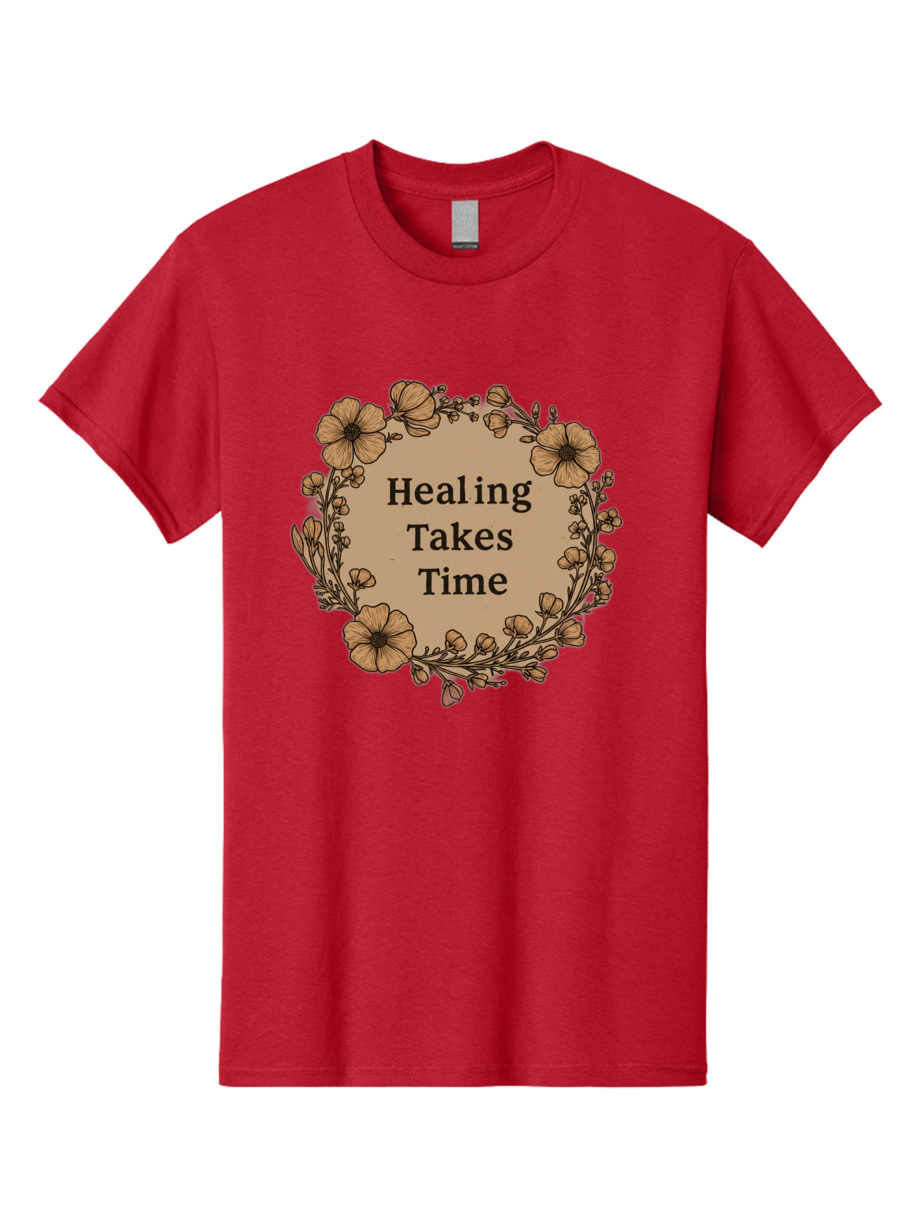 Healing-Takes-Time-2 Men'S Graphic Tee, 100% Cotton, Comfortable Casual Summer Wear, Machine Washable, Healing Takes Time, Inspirational Quote, Motivational Message, Floral Wreath, Delicate Flowers, Serene Atmosphere, Self-Care Reminder, Bae032