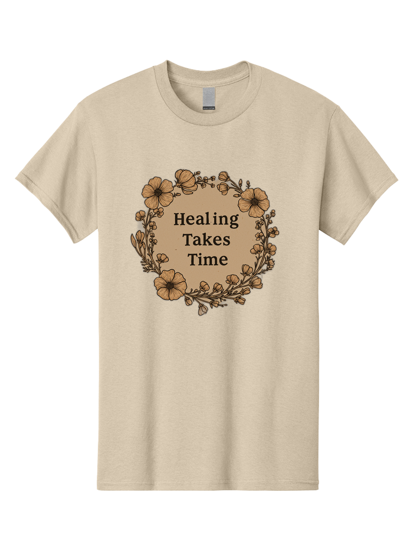 Healing-Takes-Time-2 Men'S Graphic Tee, 100% Cotton, Comfortable Casual Summer Wear, Machine Washable, Healing Takes Time, Inspirational Quote, Motivational Message, Floral Wreath, Delicate Flowers, Serene Atmosphere, Self-Care Reminder, Bae032