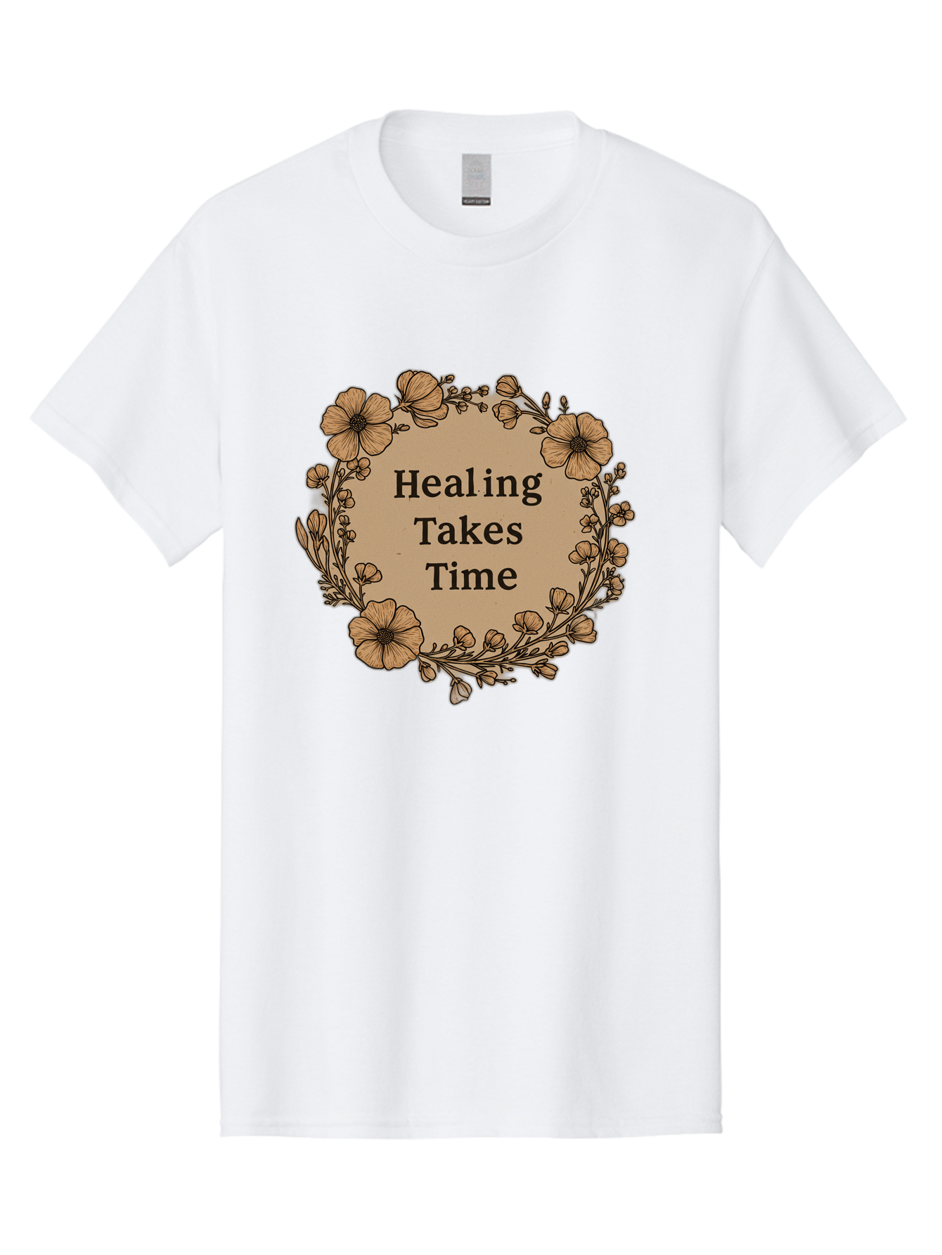 Healing-Takes-Time-2 Men'S Graphic Tee, 100% Cotton, Comfortable Casual Summer Wear, Machine Washable, Healing Takes Time, Inspirational Quote, Motivational Message, Floral Wreath, Delicate Flowers, Serene Atmosphere, Self-Care Reminder, Bae032