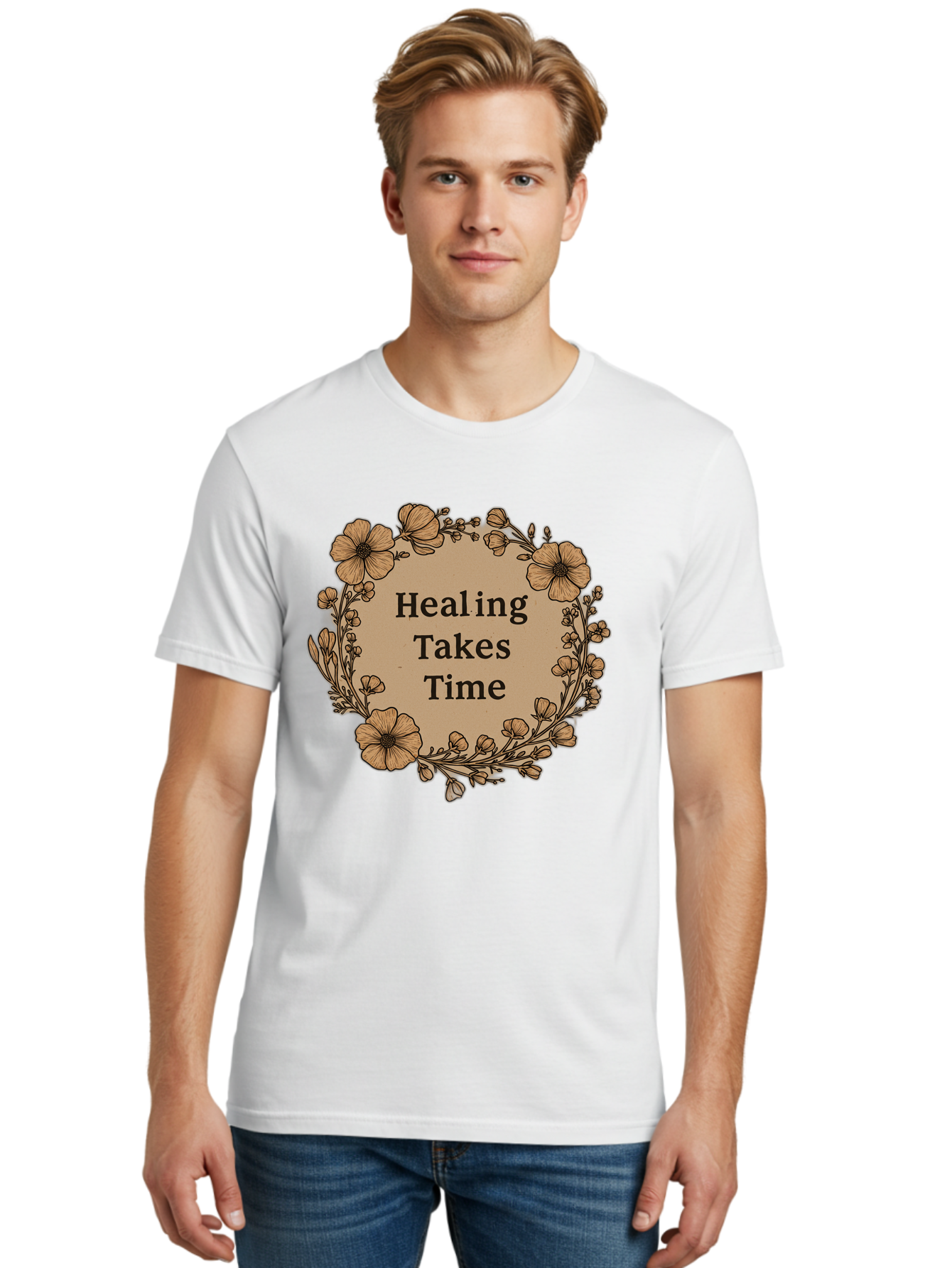 Healing-Takes-Time-2 Men'S Graphic Tee, 100% Cotton, Comfortable Casual Summer Wear, Machine Washable, Healing Takes Time, Inspirational Quote, Motivational Message, Floral Wreath, Delicate Flowers, Serene Atmosphere, Self-Care Reminder, Bae032