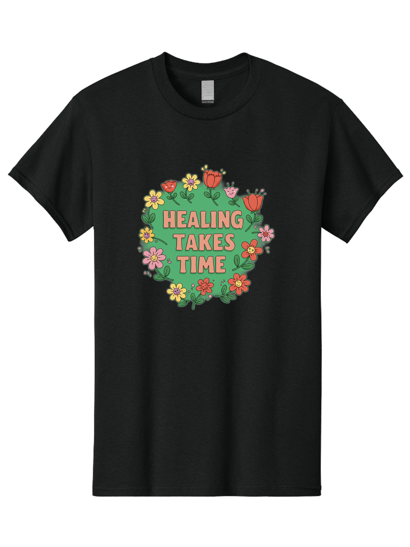 Healing-Takes-Time-3 Men'S Graphic Tee, 100% Cotton, Comfortable Casual Summer Wear, Machine Washable, Floral Wreath, Healing Takes Time, Inspirational Quote, Motivational Message, Self Care, Wellness, Mindfulness, Positive Affirmation Bae033