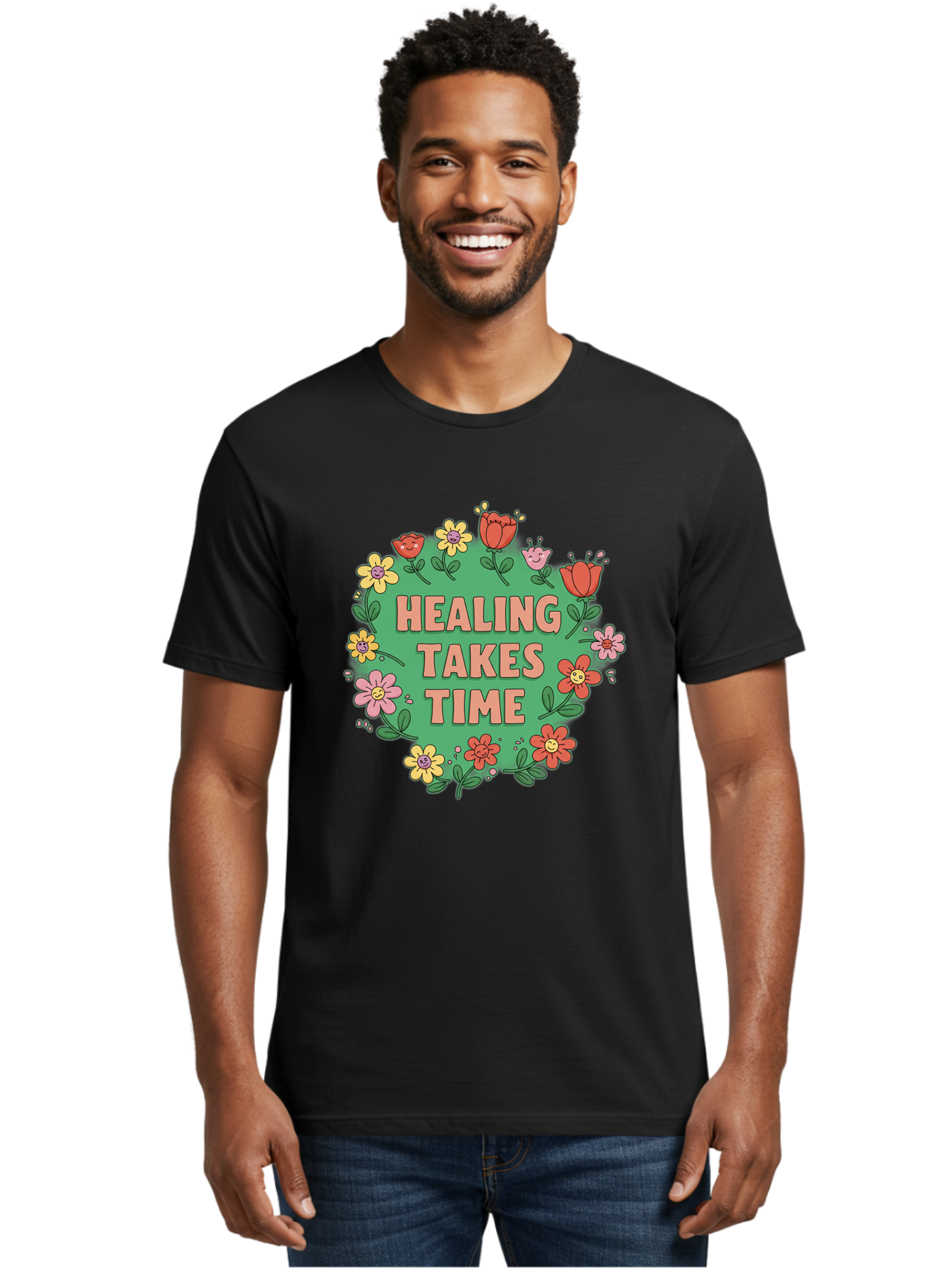 Healing-Takes-Time-3 Men'S Graphic Tee, 100% Cotton, Comfortable Casual Summer Wear, Machine Washable, Floral Wreath, Healing Takes Time, Inspirational Quote, Motivational Message, Self Care, Wellness, Mindfulness, Positive Affirmation Bae033