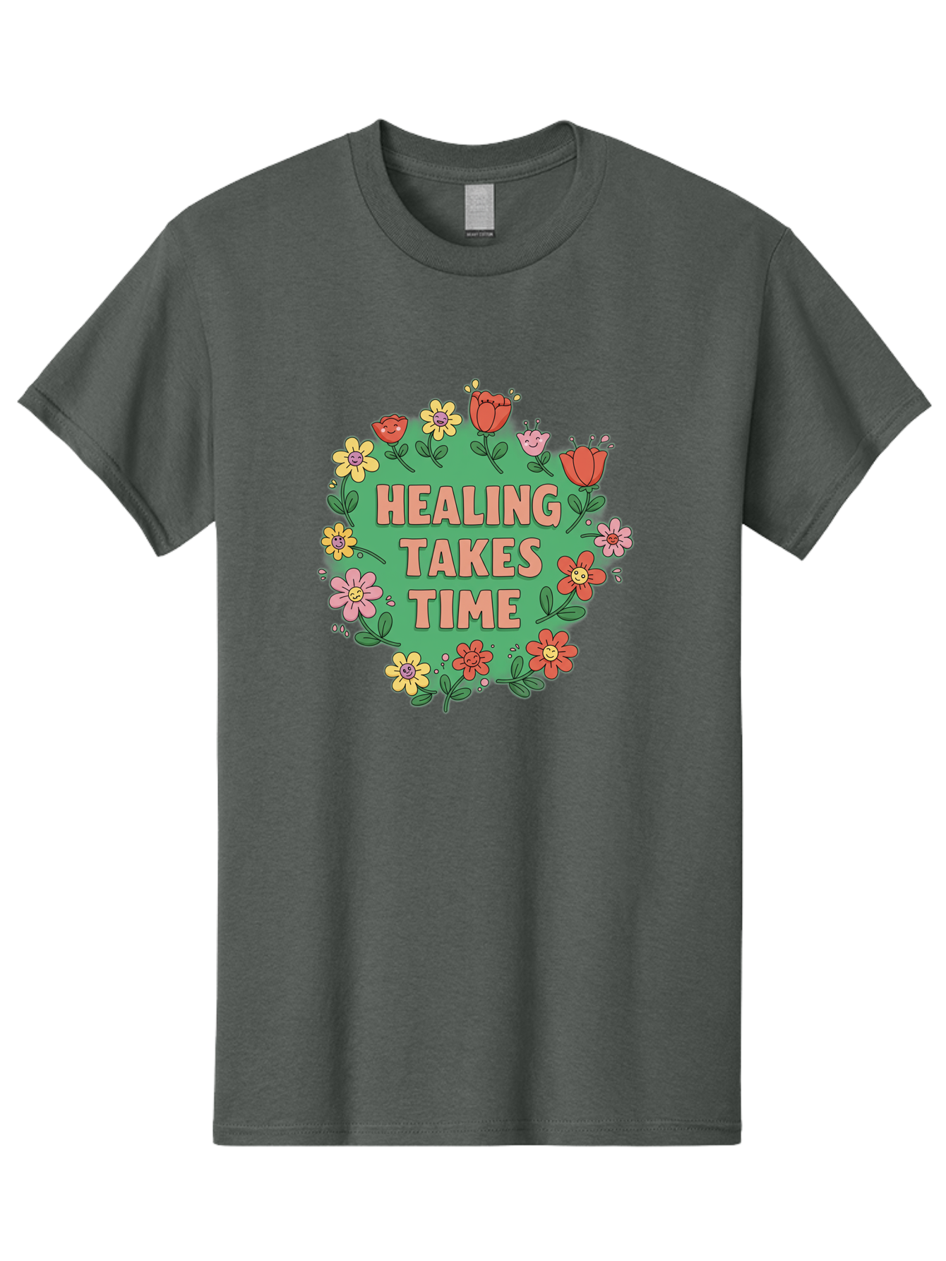Healing-Takes-Time-3 Men'S Graphic Tee, 100% Cotton, Comfortable Casual Summer Wear, Machine Washable, Floral Wreath, Healing Takes Time, Inspirational Quote, Motivational Message, Self Care, Wellness, Mindfulness, Positive Affirmation Bae033