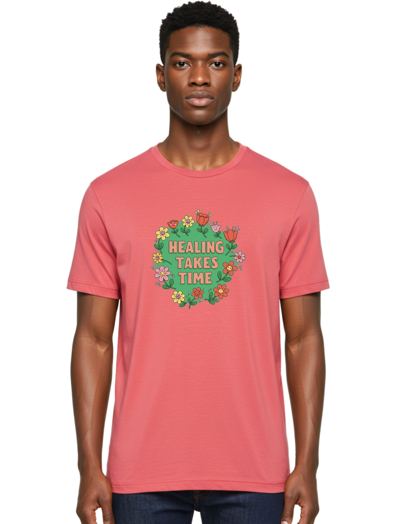 Healing-Takes-Time-3 Men'S Graphic Tee, 100% Cotton, Comfortable Casual Summer Wear, Machine Washable, Floral Wreath, Healing Takes Time, Inspirational Quote, Motivational Message, Self Care, Wellness, Mindfulness, Positive Affirmation Bae033