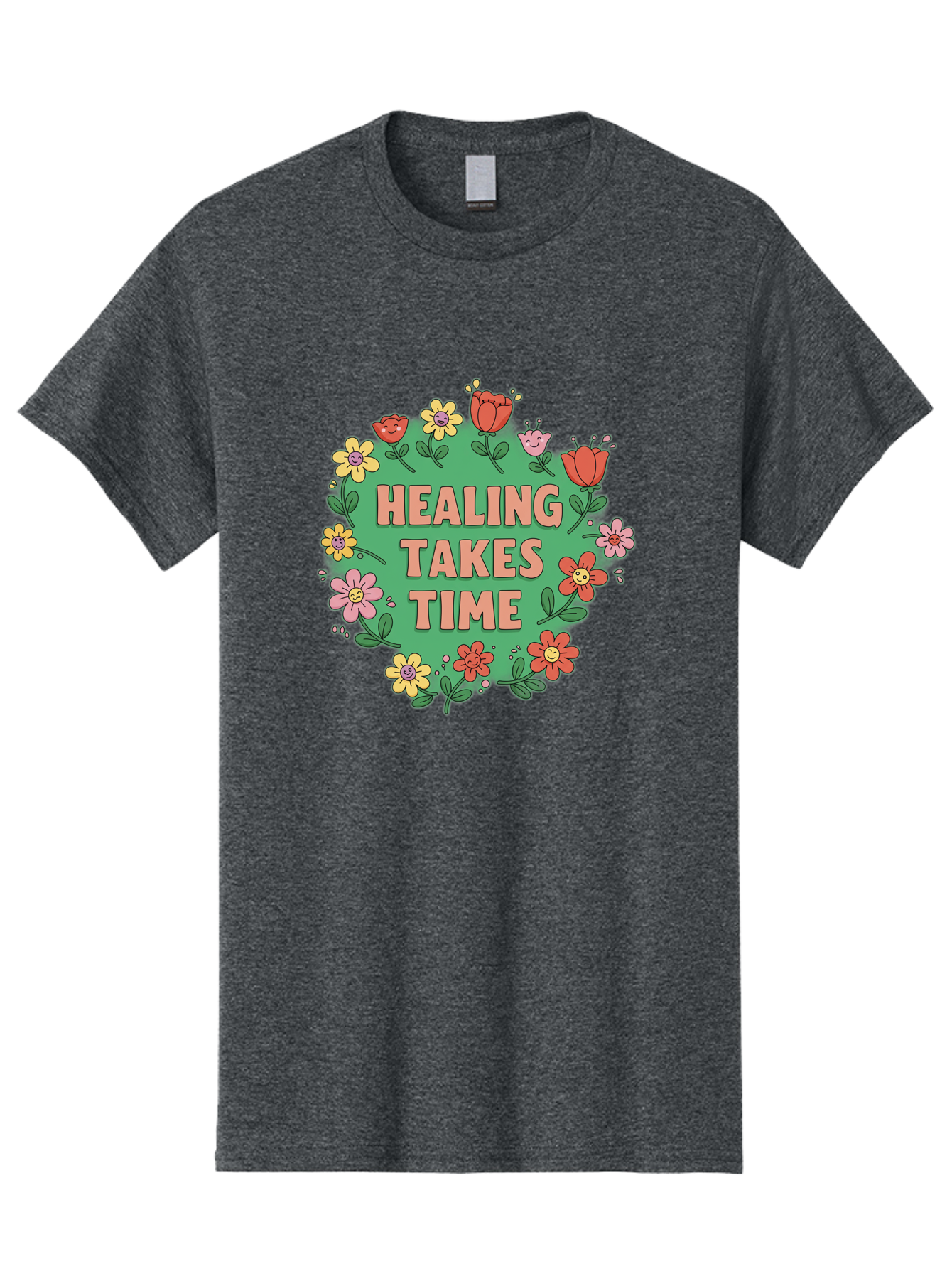 Healing-Takes-Time-3 Men'S Graphic Tee, 100% Cotton, Comfortable Casual Summer Wear, Machine Washable, Floral Wreath, Healing Takes Time, Inspirational Quote, Motivational Message, Self Care, Wellness, Mindfulness, Positive Affirmation Bae033