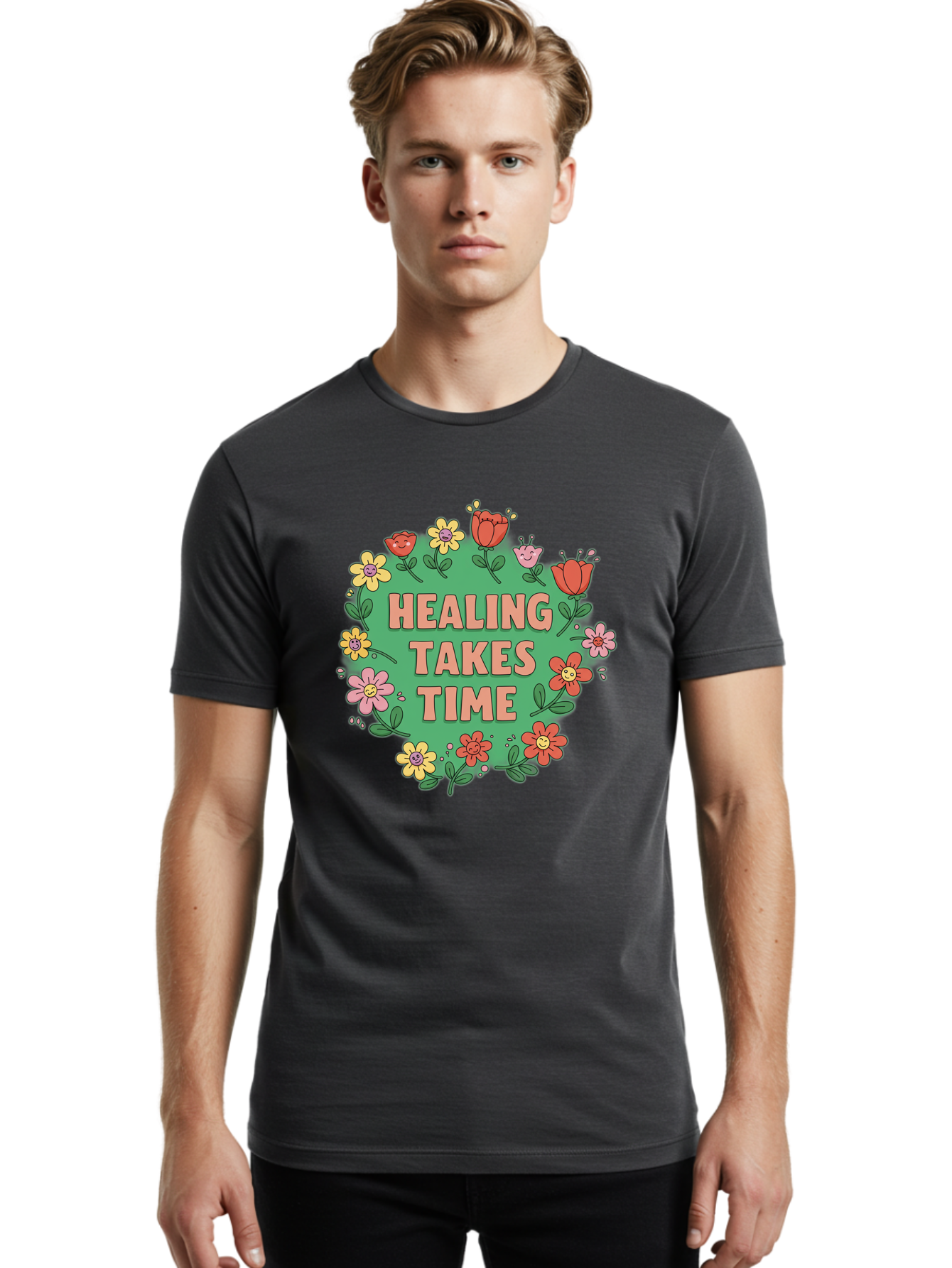Healing-Takes-Time-3 Men'S Graphic Tee, 100% Cotton, Comfortable Casual Summer Wear, Machine Washable, Floral Wreath, Healing Takes Time, Inspirational Quote, Motivational Message, Self Care, Wellness, Mindfulness, Positive Affirmation Bae033