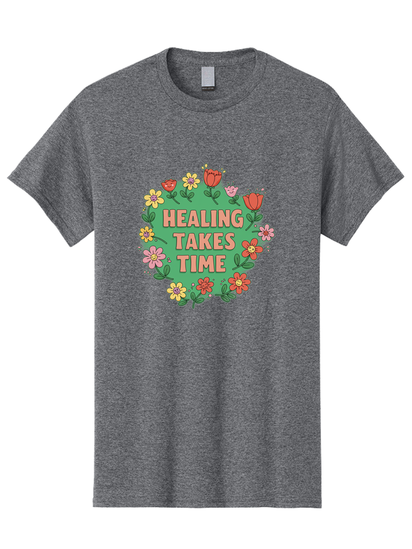 Healing-Takes-Time-3 Men'S Graphic Tee, 100% Cotton, Comfortable Casual Summer Wear, Machine Washable, Floral Wreath, Healing Takes Time, Inspirational Quote, Motivational Message, Self Care, Wellness, Mindfulness, Positive Affirmation Bae033