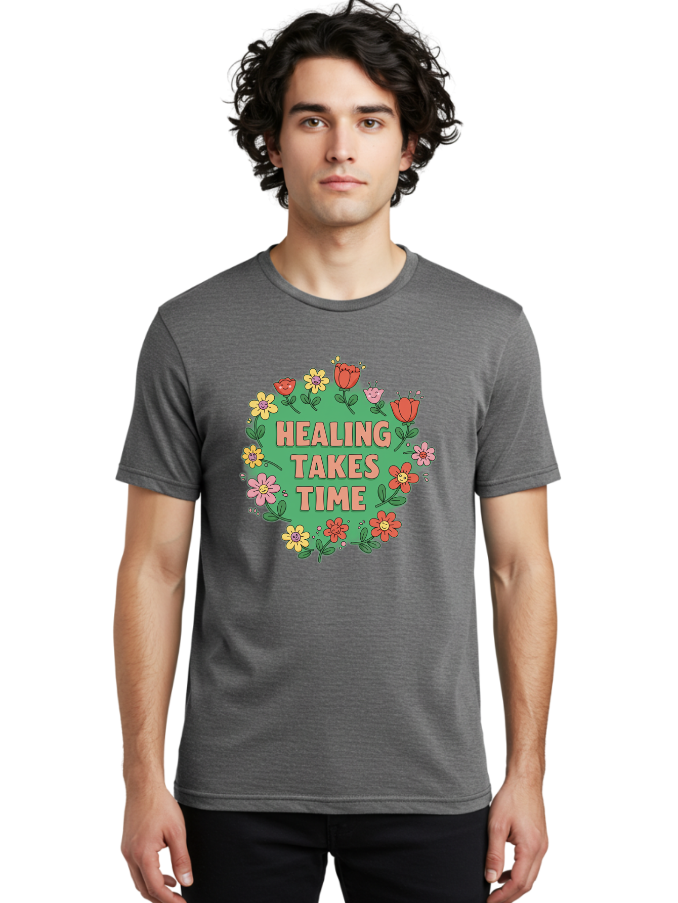 Healing-Takes-Time-3 Men'S Graphic Tee, 100% Cotton, Comfortable Casual Summer Wear, Machine Washable, Floral Wreath, Healing Takes Time, Inspirational Quote, Motivational Message, Self Care, Wellness, Mindfulness, Positive Affirmation Bae033