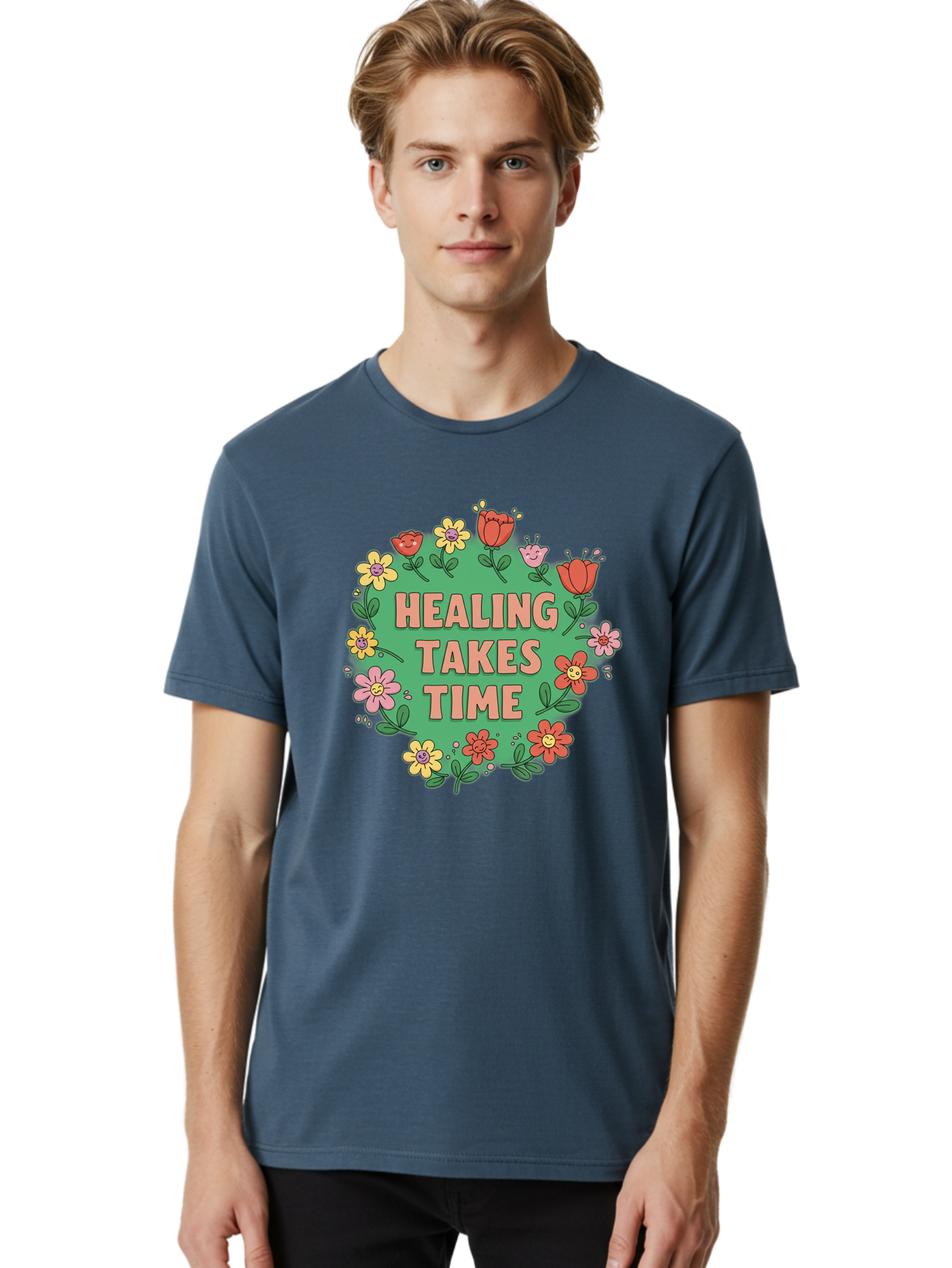 Healing-Takes-Time-3 Men'S Graphic Tee, 100% Cotton, Comfortable Casual Summer Wear, Machine Washable, Floral Wreath, Healing Takes Time, Inspirational Quote, Motivational Message, Self Care, Wellness, Mindfulness, Positive Affirmation Bae033