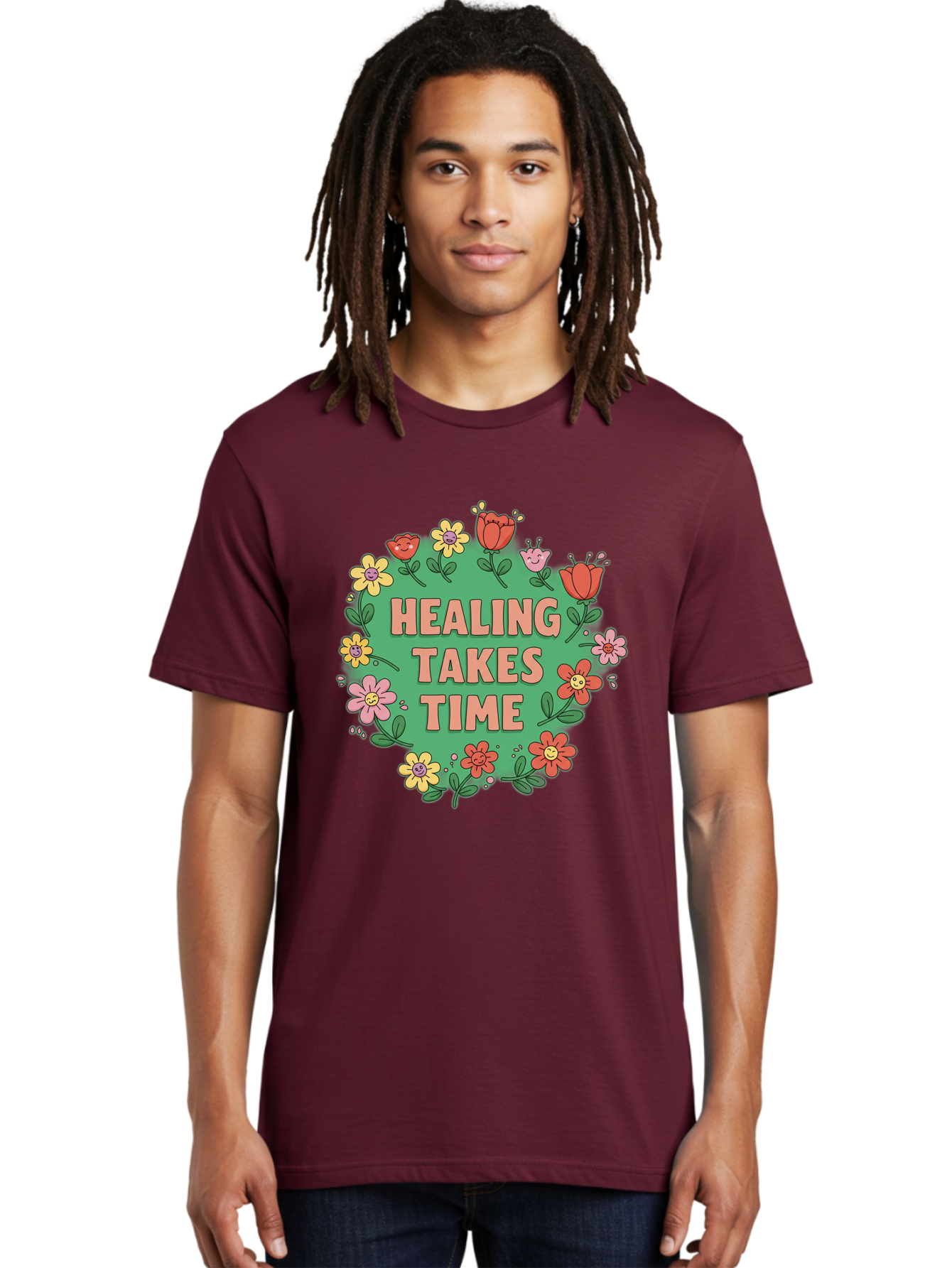 Healing-Takes-Time-3 Men'S Graphic Tee, 100% Cotton, Comfortable Casual Summer Wear, Machine Washable, Floral Wreath, Healing Takes Time, Inspirational Quote, Motivational Message, Self Care, Wellness, Mindfulness, Positive Affirmation Bae033