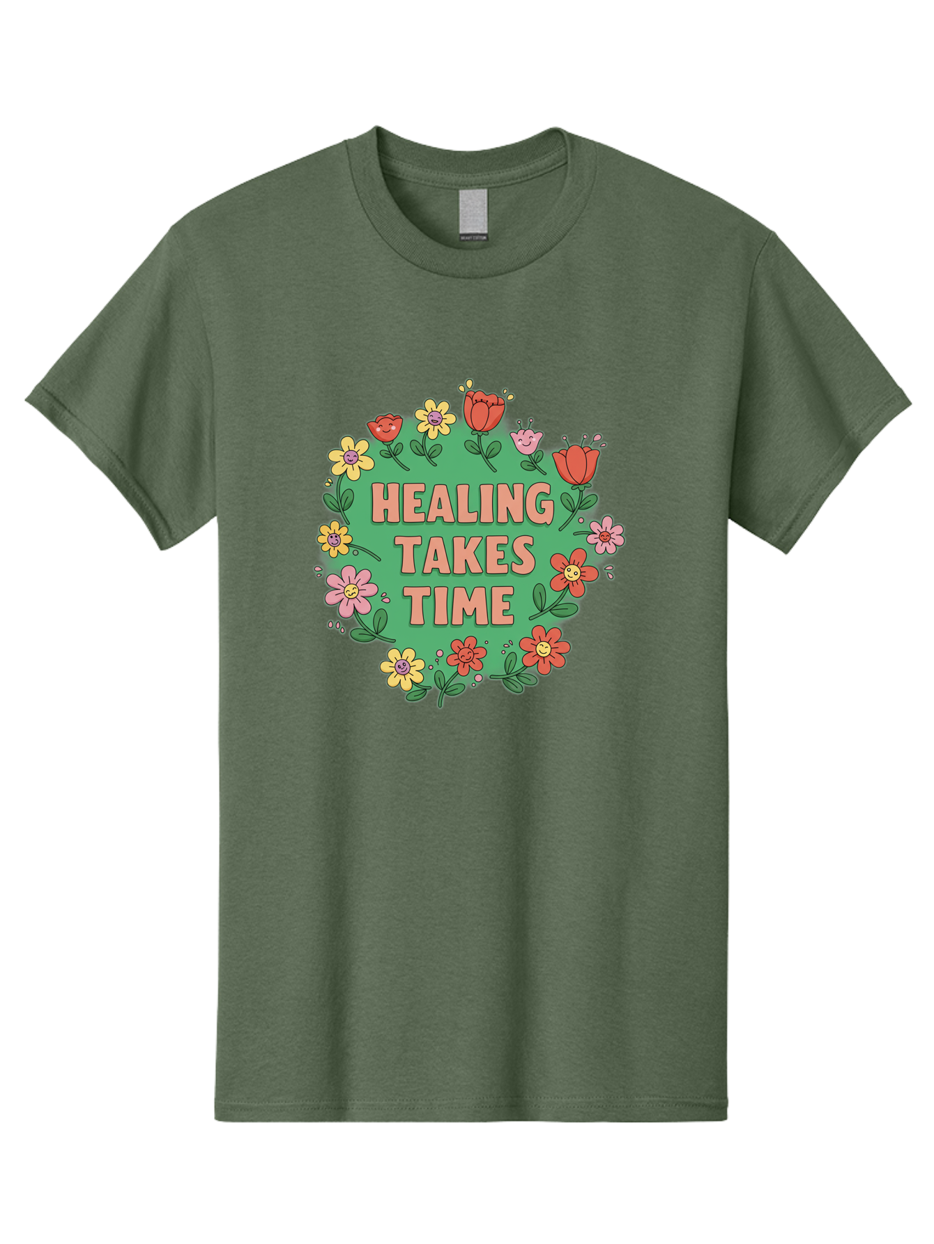 Healing-Takes-Time-3 Men'S Graphic Tee, 100% Cotton, Comfortable Casual Summer Wear, Machine Washable, Floral Wreath, Healing Takes Time, Inspirational Quote, Motivational Message, Self Care, Wellness, Mindfulness, Positive Affirmation Bae033