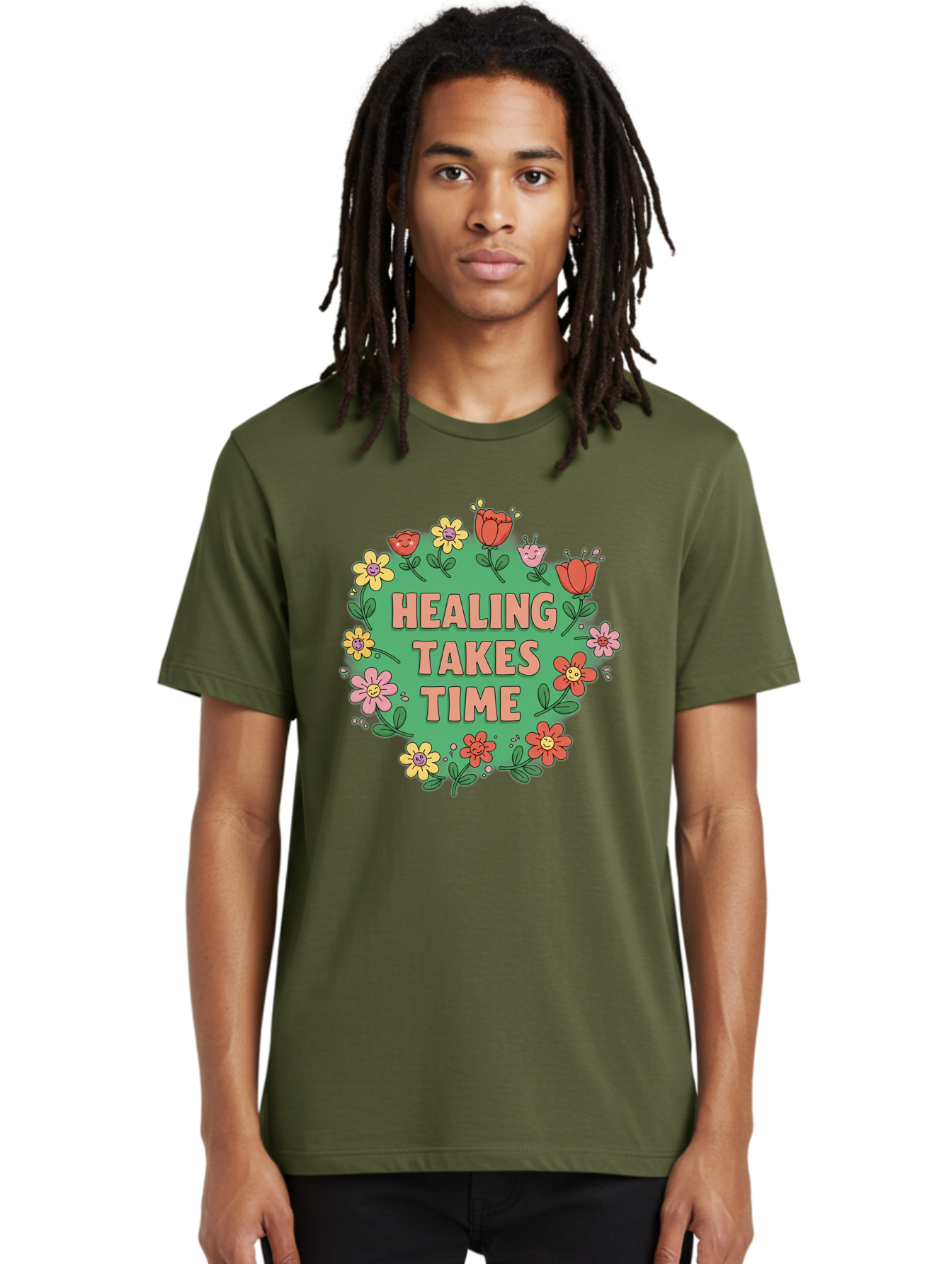 Healing-Takes-Time-3 Men'S Graphic Tee, 100% Cotton, Comfortable Casual Summer Wear, Machine Washable, Floral Wreath, Healing Takes Time, Inspirational Quote, Motivational Message, Self Care, Wellness, Mindfulness, Positive Affirmation Bae033