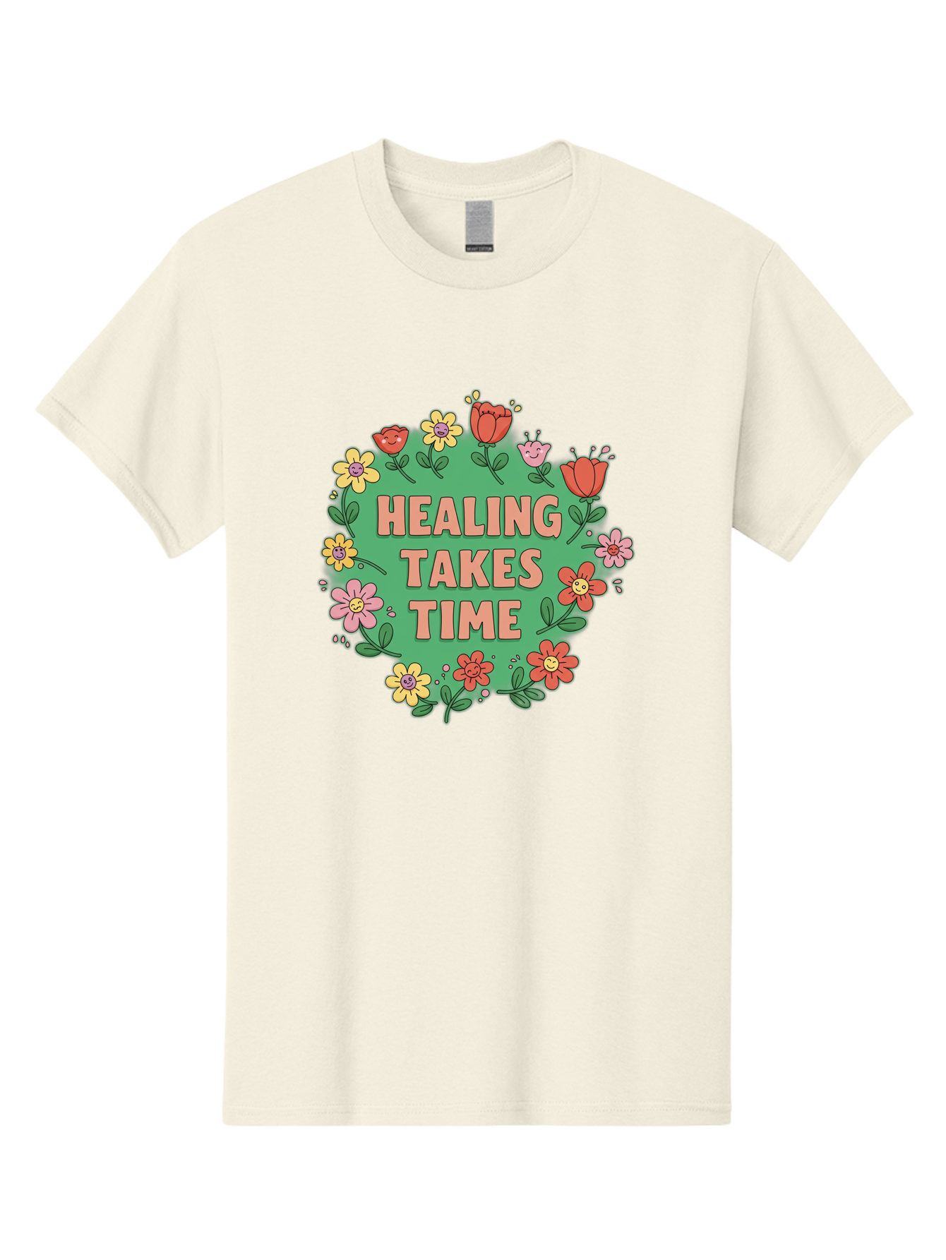 Healing-Takes-Time-3 Men'S Graphic Tee, 100% Cotton, Comfortable Casual Summer Wear, Machine Washable, Floral Wreath, Healing Takes Time, Inspirational Quote, Motivational Message, Self Care, Wellness, Mindfulness, Positive Affirmation Bae033