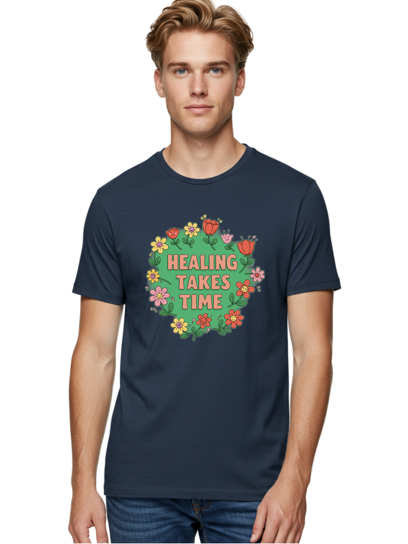 Healing-Takes-Time-3 Men'S Graphic Tee, 100% Cotton, Comfortable Casual Summer Wear, Machine Washable, Floral Wreath, Healing Takes Time, Inspirational Quote, Motivational Message, Self Care, Wellness, Mindfulness, Positive Affirmation Bae033