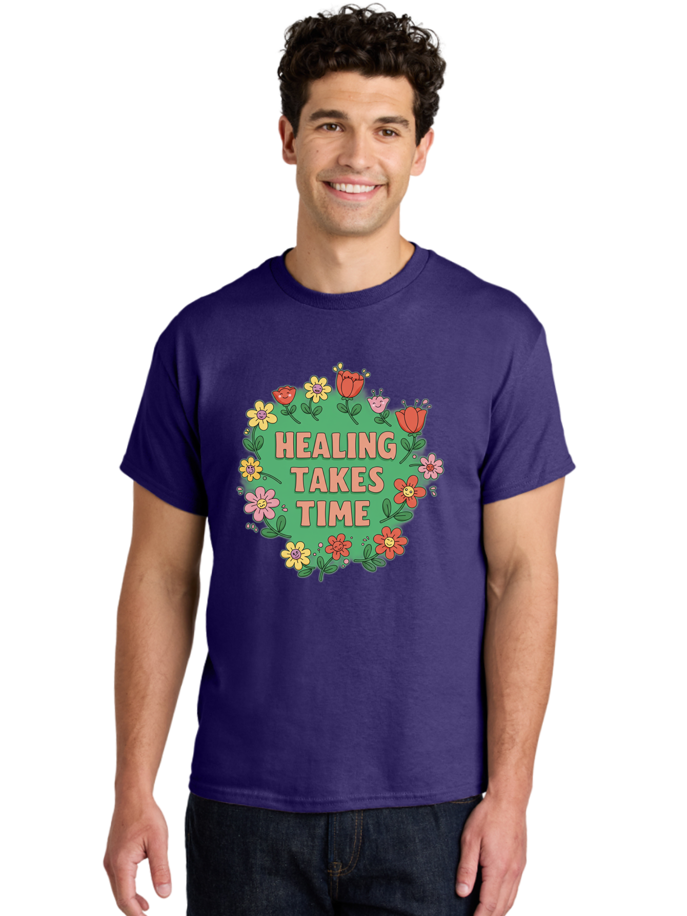 Healing-Takes-Time-3 Men'S Graphic Tee, 100% Cotton, Comfortable Casual Summer Wear, Machine Washable, Floral Wreath, Healing Takes Time, Inspirational Quote, Motivational Message, Self Care, Wellness, Mindfulness, Positive Affirmation Bae033