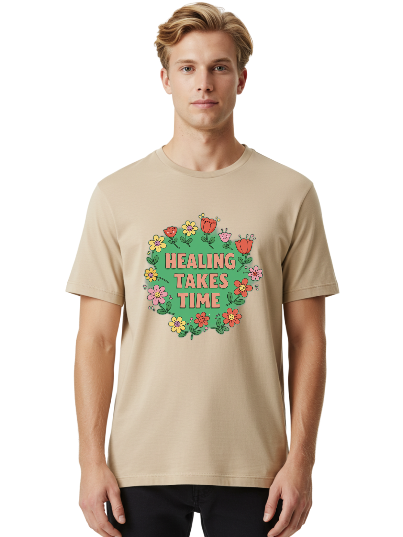 Healing-Takes-Time-3 Men'S Graphic Tee, 100% Cotton, Comfortable Casual Summer Wear, Machine Washable, Floral Wreath, Healing Takes Time, Inspirational Quote, Motivational Message, Self Care, Wellness, Mindfulness, Positive Affirmation Bae033
