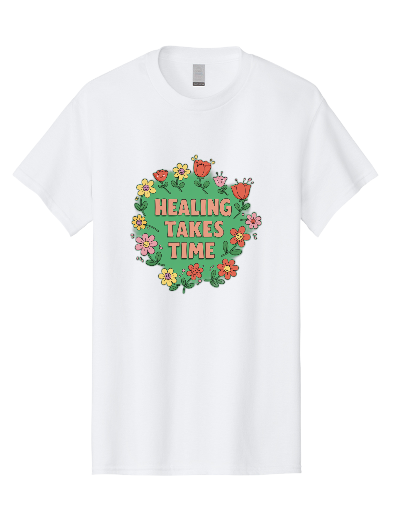 Healing-Takes-Time-3 Men'S Graphic Tee, 100% Cotton, Comfortable Casual Summer Wear, Machine Washable, Floral Wreath, Healing Takes Time, Inspirational Quote, Motivational Message, Self Care, Wellness, Mindfulness, Positive Affirmation Bae033