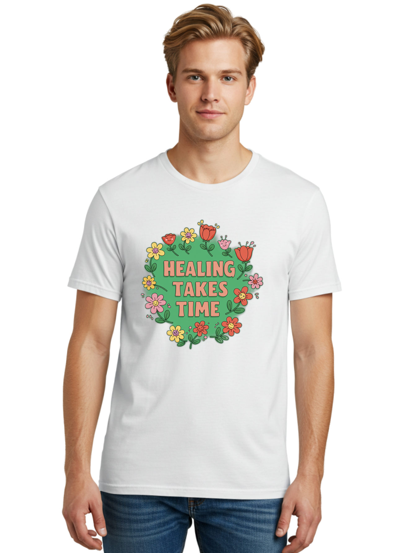 Healing-Takes-Time-3 Men'S Graphic Tee, 100% Cotton, Comfortable Casual Summer Wear, Machine Washable, Floral Wreath, Healing Takes Time, Inspirational Quote, Motivational Message, Self Care, Wellness, Mindfulness, Positive Affirmation Bae033