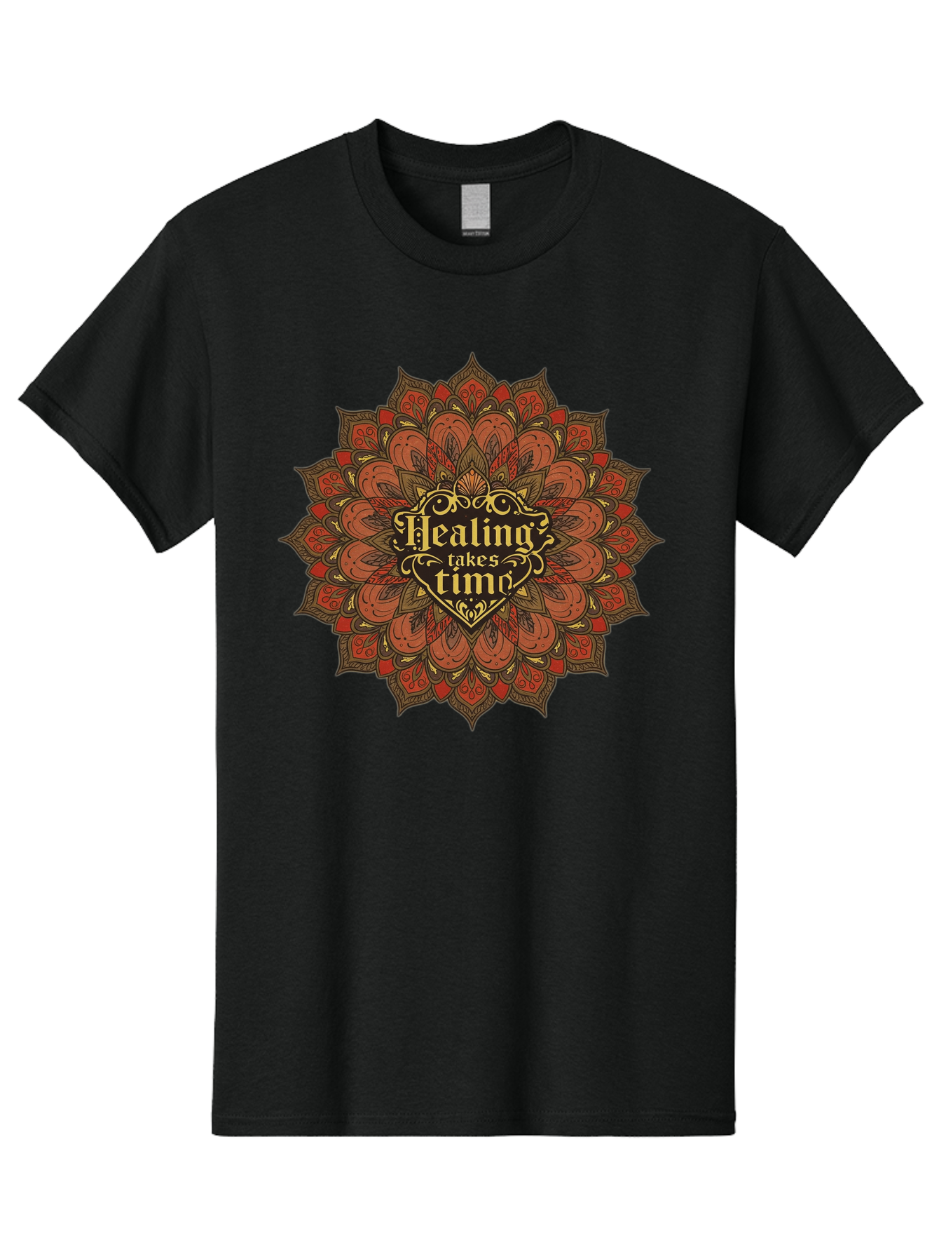 Healing-Takes-Time-4 Men'S Graphic Tee, 100% Cotton, Comfortable Casual Summer Wear, Machine Washable, Mandala Design, Healing Takes Time, Red And Gold Patterns, Intricate Details, Motivational Quote, Mindfulness, Self-Care, Bae034