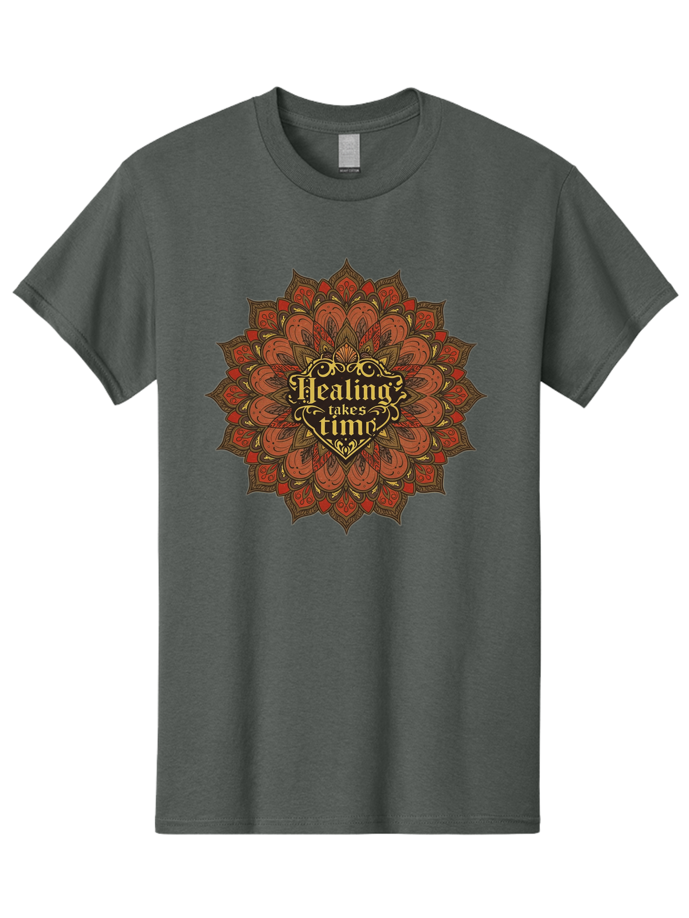 Healing-Takes-Time-4 Men'S Graphic Tee, 100% Cotton, Comfortable Casual Summer Wear, Machine Washable, Mandala Design, Healing Takes Time, Red And Gold Patterns, Intricate Details, Motivational Quote, Mindfulness, Self-Care, Bae034