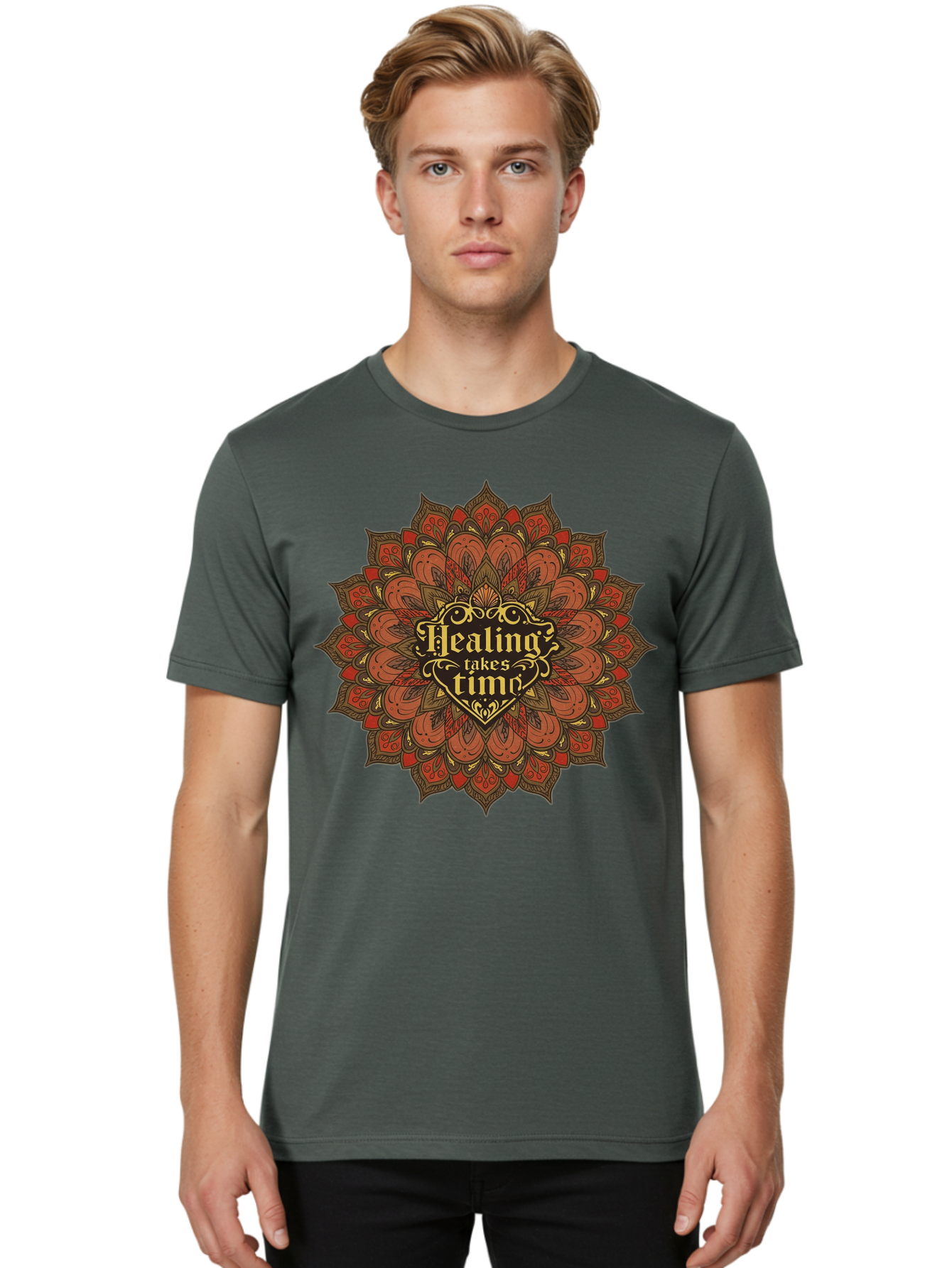 Healing-Takes-Time-4 Men'S Graphic Tee, 100% Cotton, Comfortable Casual Summer Wear, Machine Washable, Mandala Design, Healing Takes Time, Red And Gold Patterns, Intricate Details, Motivational Quote, Mindfulness, Self-Care, Bae034
