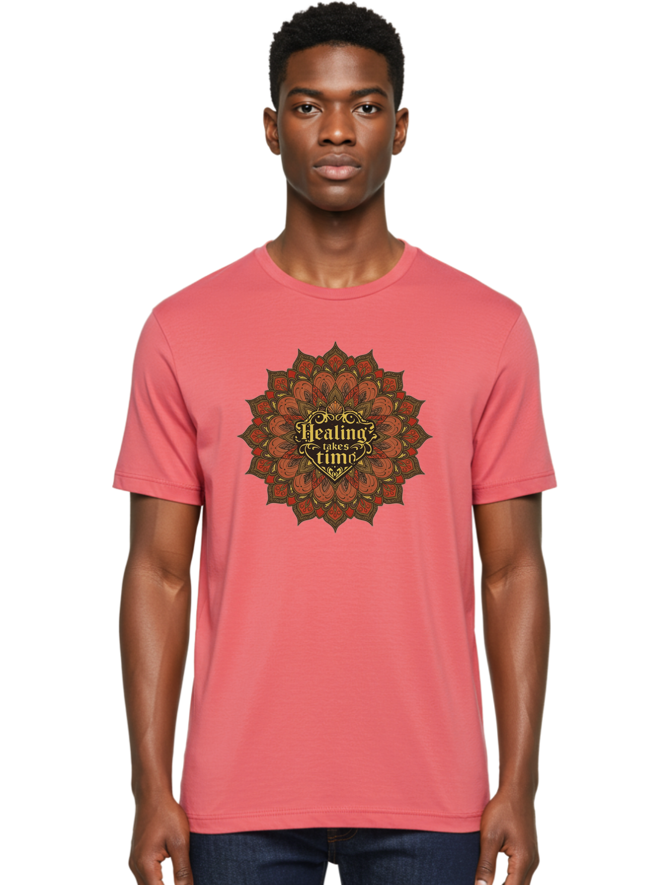 Healing-Takes-Time-4 Men'S Graphic Tee, 100% Cotton, Comfortable Casual Summer Wear, Machine Washable, Mandala Design, Healing Takes Time, Red And Gold Patterns, Intricate Details, Motivational Quote, Mindfulness, Self-Care, Bae034