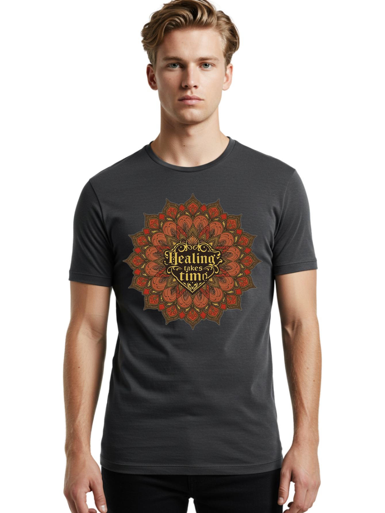 Healing-Takes-Time-4 Men'S Graphic Tee, 100% Cotton, Comfortable Casual Summer Wear, Machine Washable, Mandala Design, Healing Takes Time, Red And Gold Patterns, Intricate Details, Motivational Quote, Mindfulness, Self-Care, Bae034