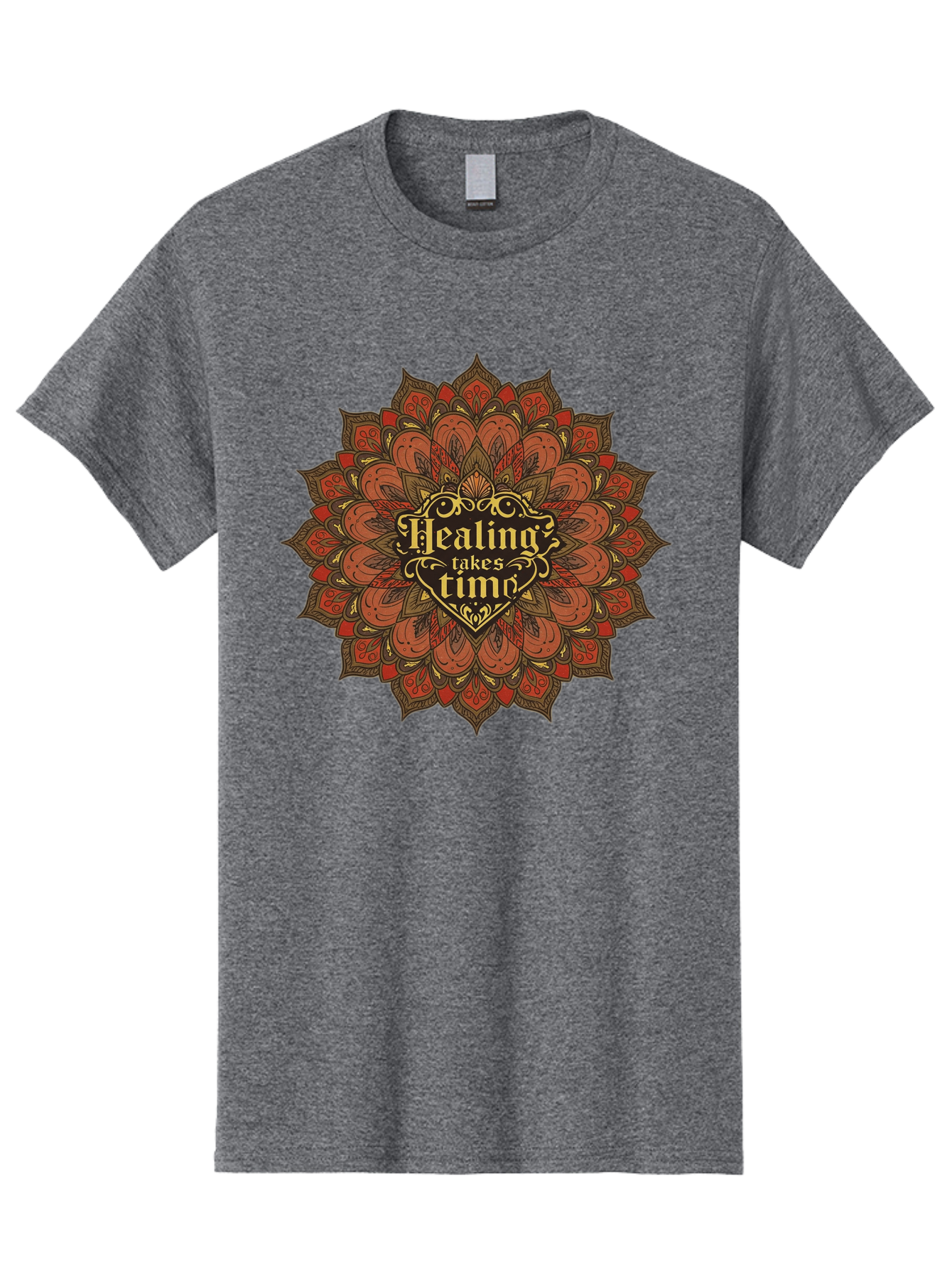 Healing-Takes-Time-4 Men'S Graphic Tee, 100% Cotton, Comfortable Casual Summer Wear, Machine Washable, Mandala Design, Healing Takes Time, Red And Gold Patterns, Intricate Details, Motivational Quote, Mindfulness, Self-Care, Bae034