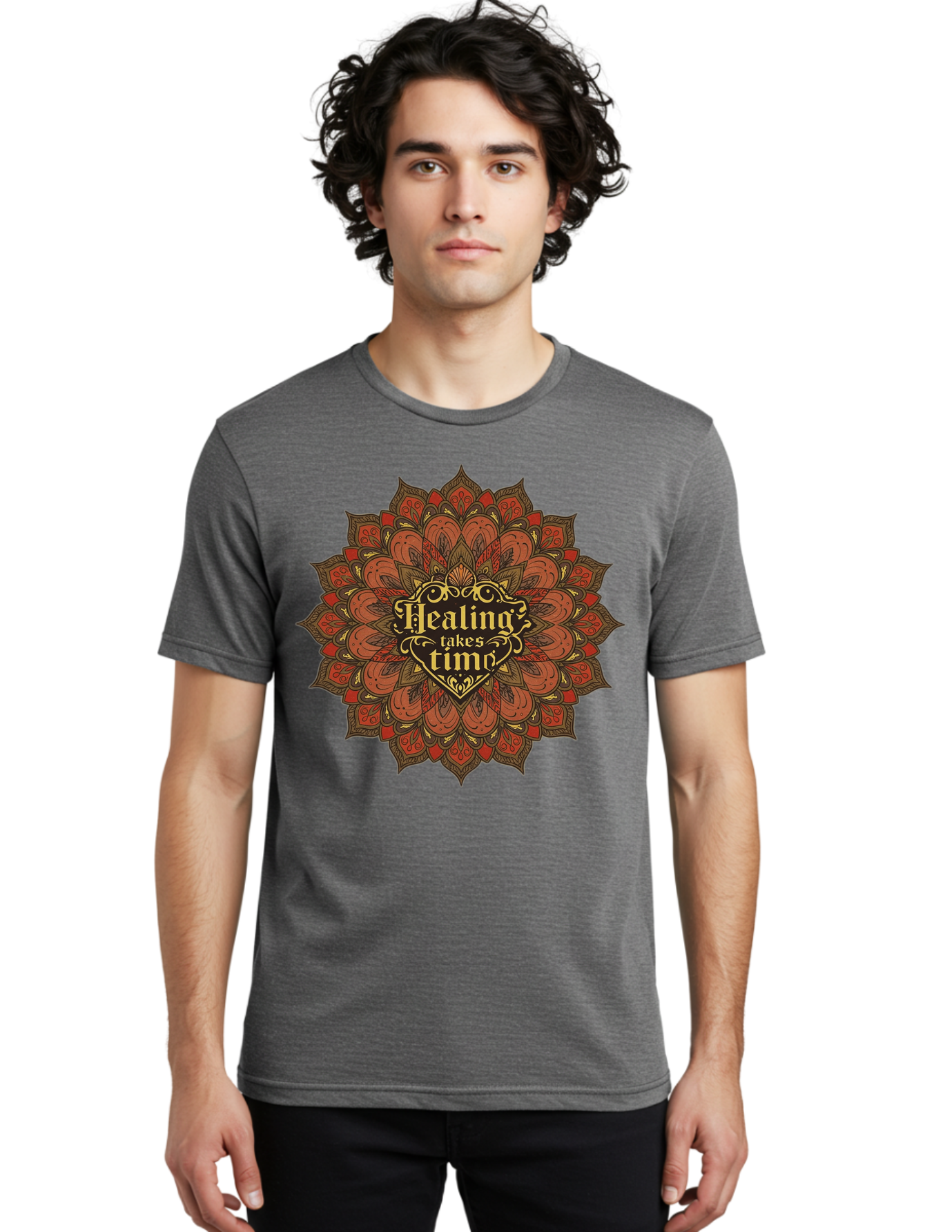 Healing-Takes-Time-4 Men'S Graphic Tee, 100% Cotton, Comfortable Casual Summer Wear, Machine Washable, Mandala Design, Healing Takes Time, Red And Gold Patterns, Intricate Details, Motivational Quote, Mindfulness, Self-Care, Bae034