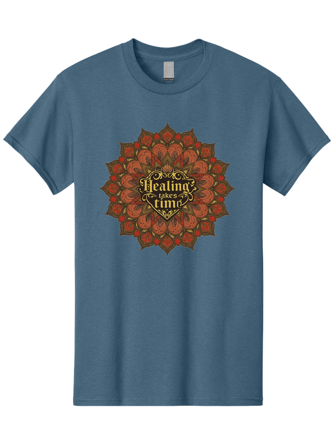 Healing-Takes-Time-4 Men'S Graphic Tee, 100% Cotton, Comfortable Casual Summer Wear, Machine Washable, Mandala Design, Healing Takes Time, Red And Gold Patterns, Intricate Details, Motivational Quote, Mindfulness, Self-Care, Bae034