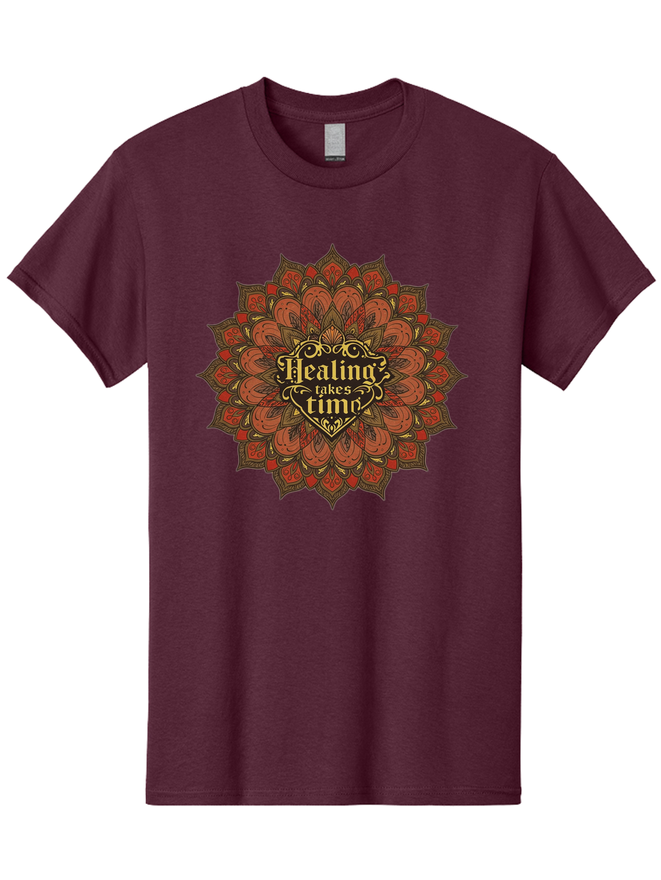 Healing-Takes-Time-4 Men'S Graphic Tee, 100% Cotton, Comfortable Casual Summer Wear, Machine Washable, Mandala Design, Healing Takes Time, Red And Gold Patterns, Intricate Details, Motivational Quote, Mindfulness, Self-Care, Bae034