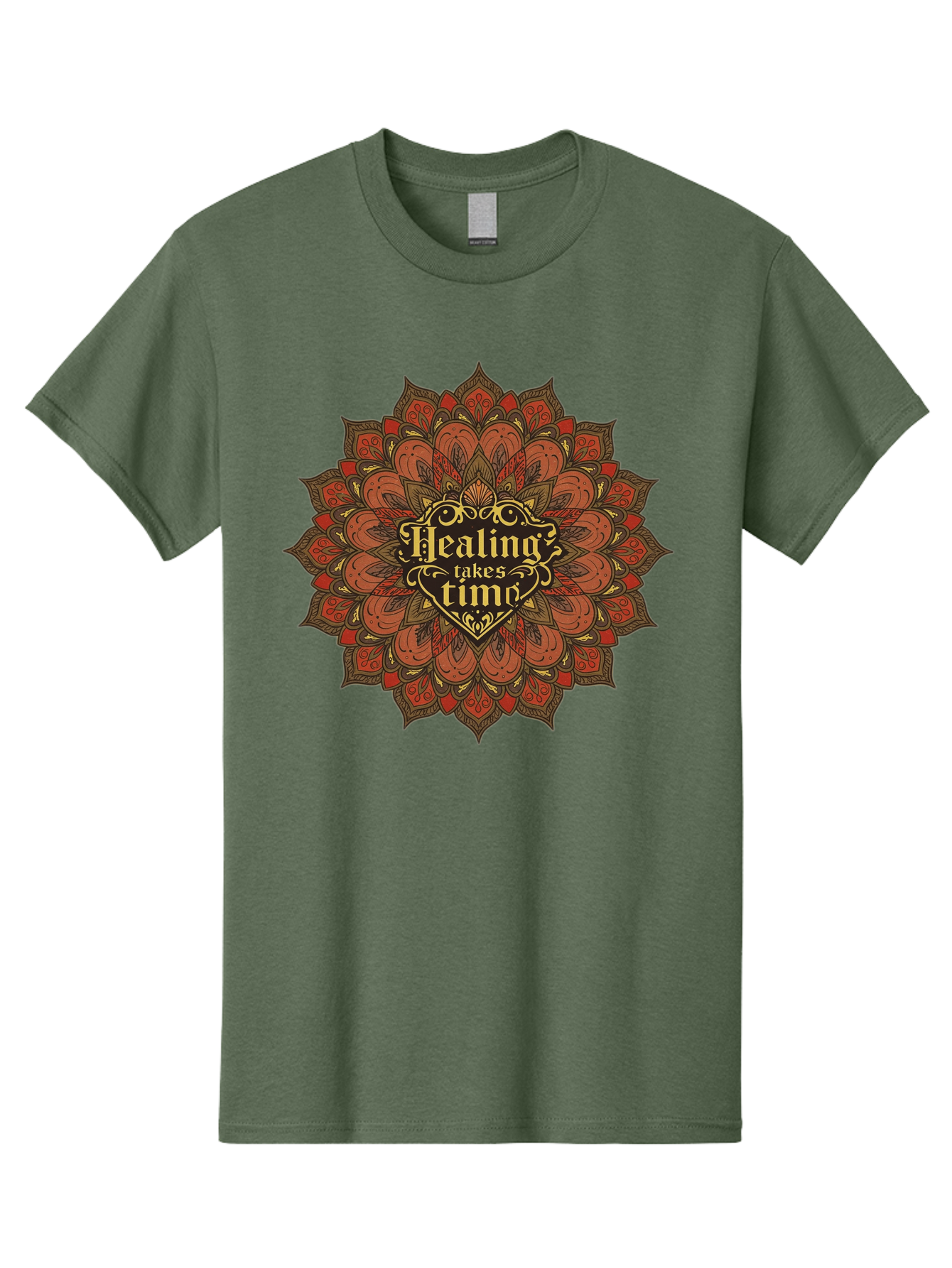 Healing-Takes-Time-4 Men'S Graphic Tee, 100% Cotton, Comfortable Casual Summer Wear, Machine Washable, Mandala Design, Healing Takes Time, Red And Gold Patterns, Intricate Details, Motivational Quote, Mindfulness, Self-Care, Bae034