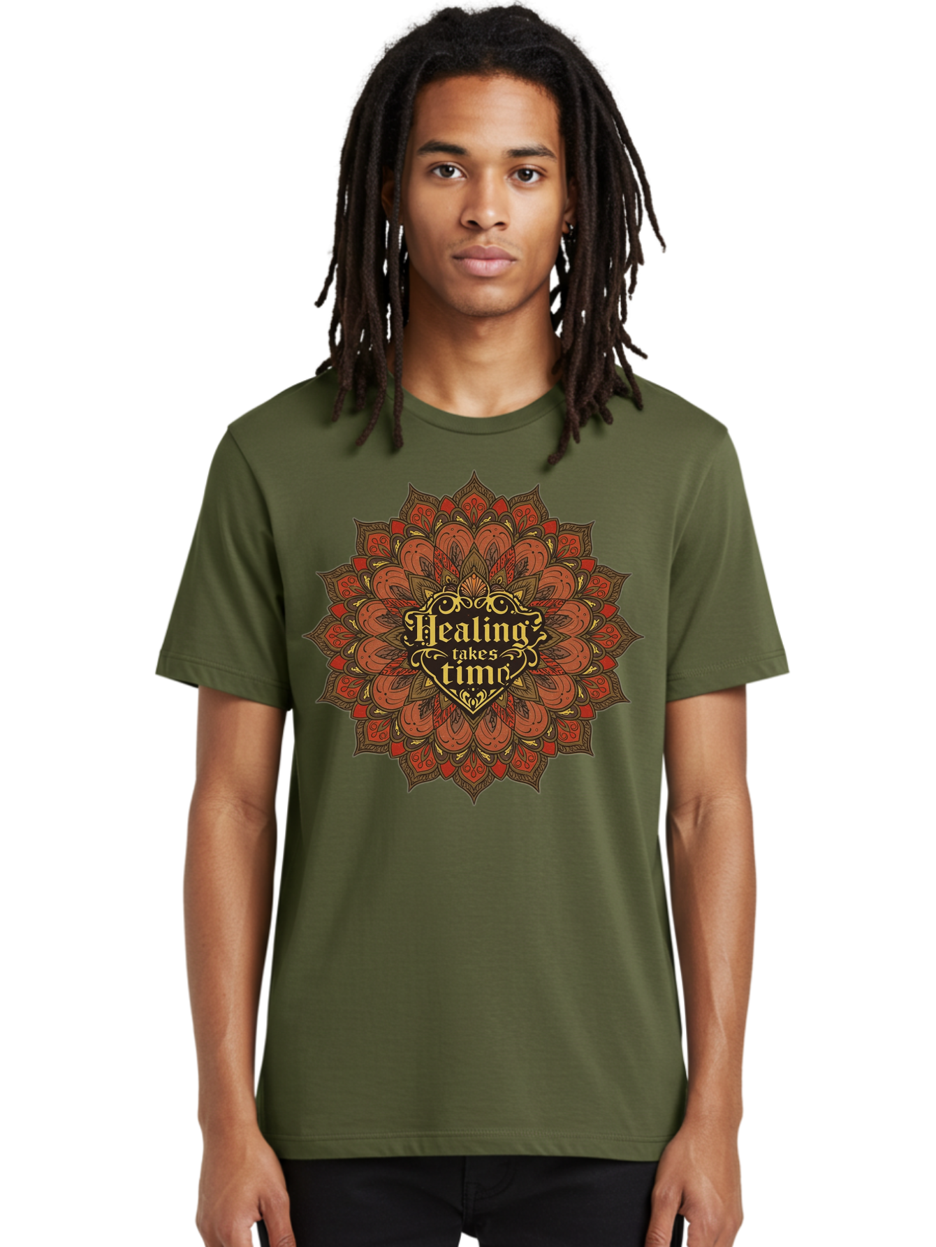 Healing-Takes-Time-4 Men'S Graphic Tee, 100% Cotton, Comfortable Casual Summer Wear, Machine Washable, Mandala Design, Healing Takes Time, Red And Gold Patterns, Intricate Details, Motivational Quote, Mindfulness, Self-Care, Bae034