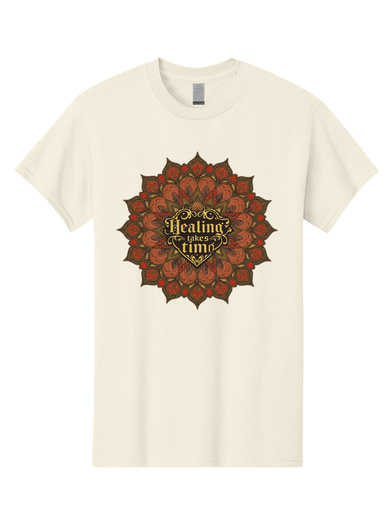 Healing-Takes-Time-4 Men'S Graphic Tee, 100% Cotton, Comfortable Casual Summer Wear, Machine Washable, Mandala Design, Healing Takes Time, Red And Gold Patterns, Intricate Details, Motivational Quote, Mindfulness, Self-Care, Bae034