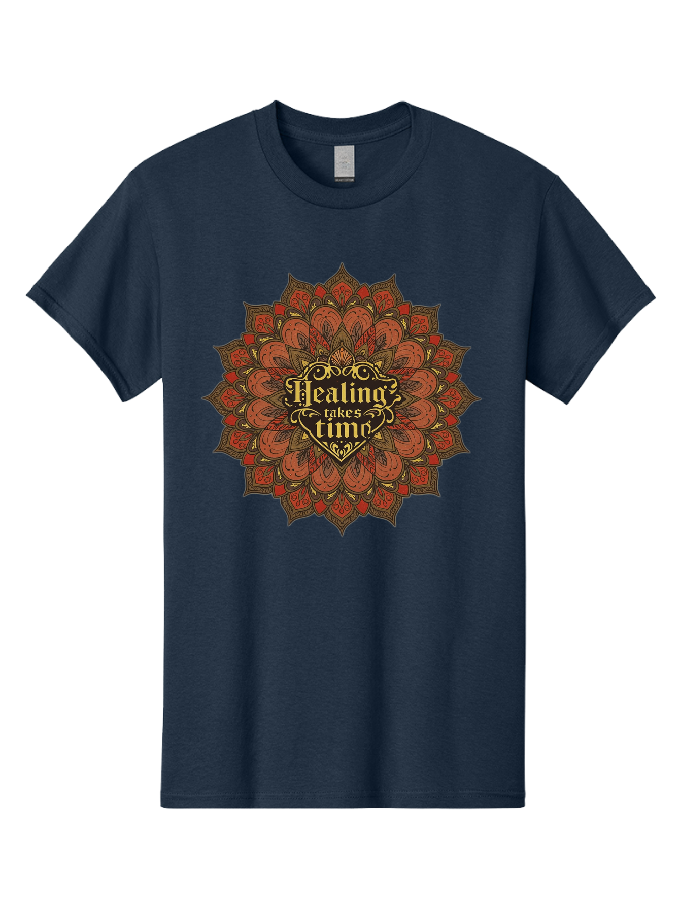 Healing-Takes-Time-4 Men'S Graphic Tee, 100% Cotton, Comfortable Casual Summer Wear, Machine Washable, Mandala Design, Healing Takes Time, Red And Gold Patterns, Intricate Details, Motivational Quote, Mindfulness, Self-Care, Bae034
